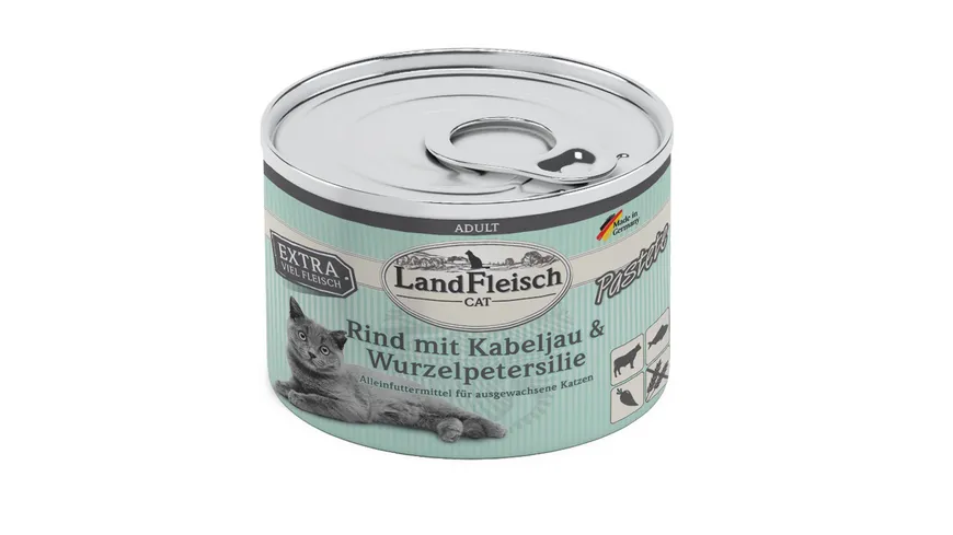 LandFleisch Katzennassfutter Adult Pastete Rind mit Kabeljau & Wurzelpetersilie 195g 195 g