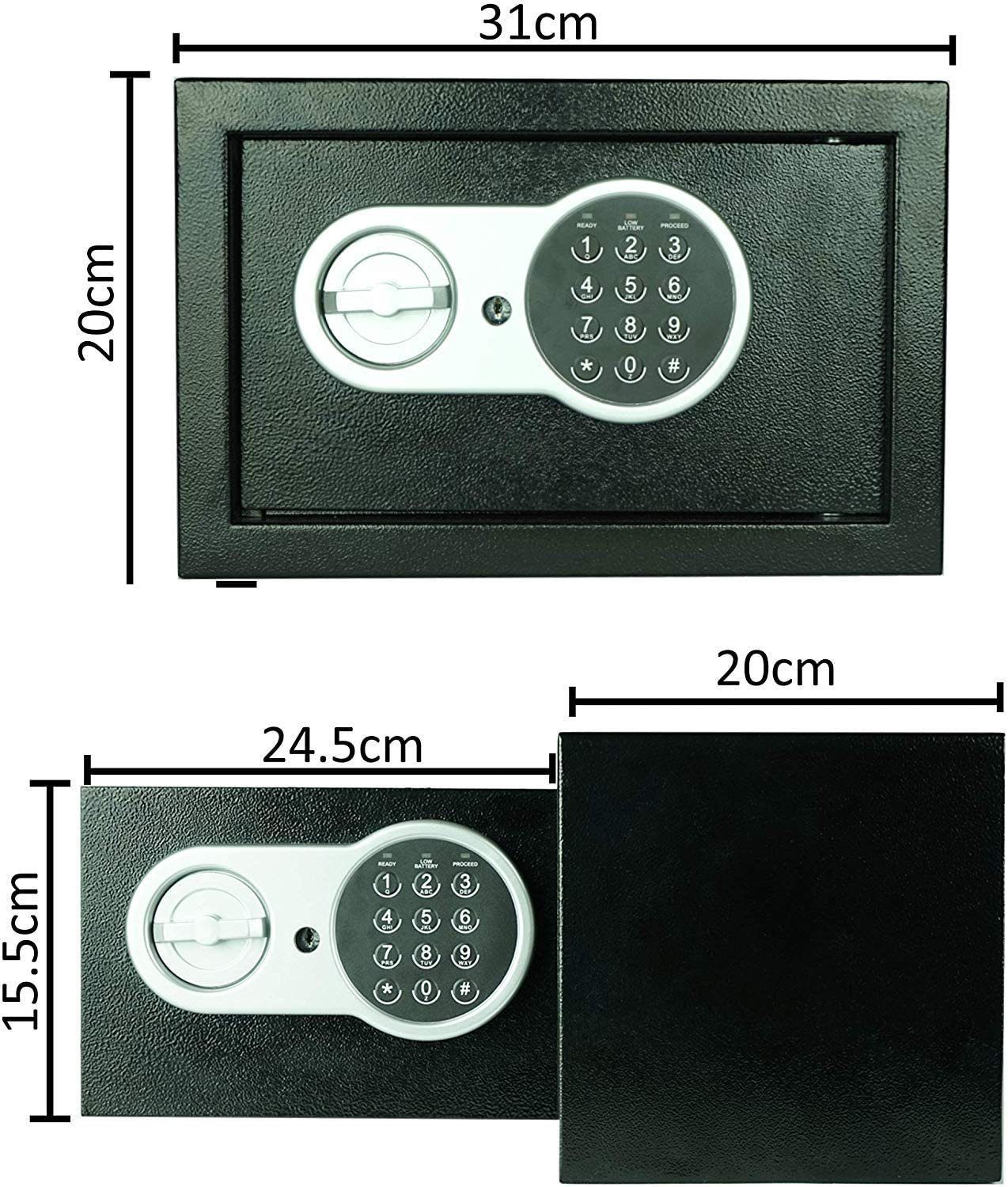 JUNG Tresor Safe elektronisch, Möbeltresor Zahlenschloß + 2 Schlüssel, Tresor (klein, kompakt, tragbar, einbaubar, Doppelstahlbolzen Sicherheitsbox für Hotel, Büro und Heim), Hotel, Wandtresor, Schrank, Safe Box Geld, Tresor für zu Hause, Code