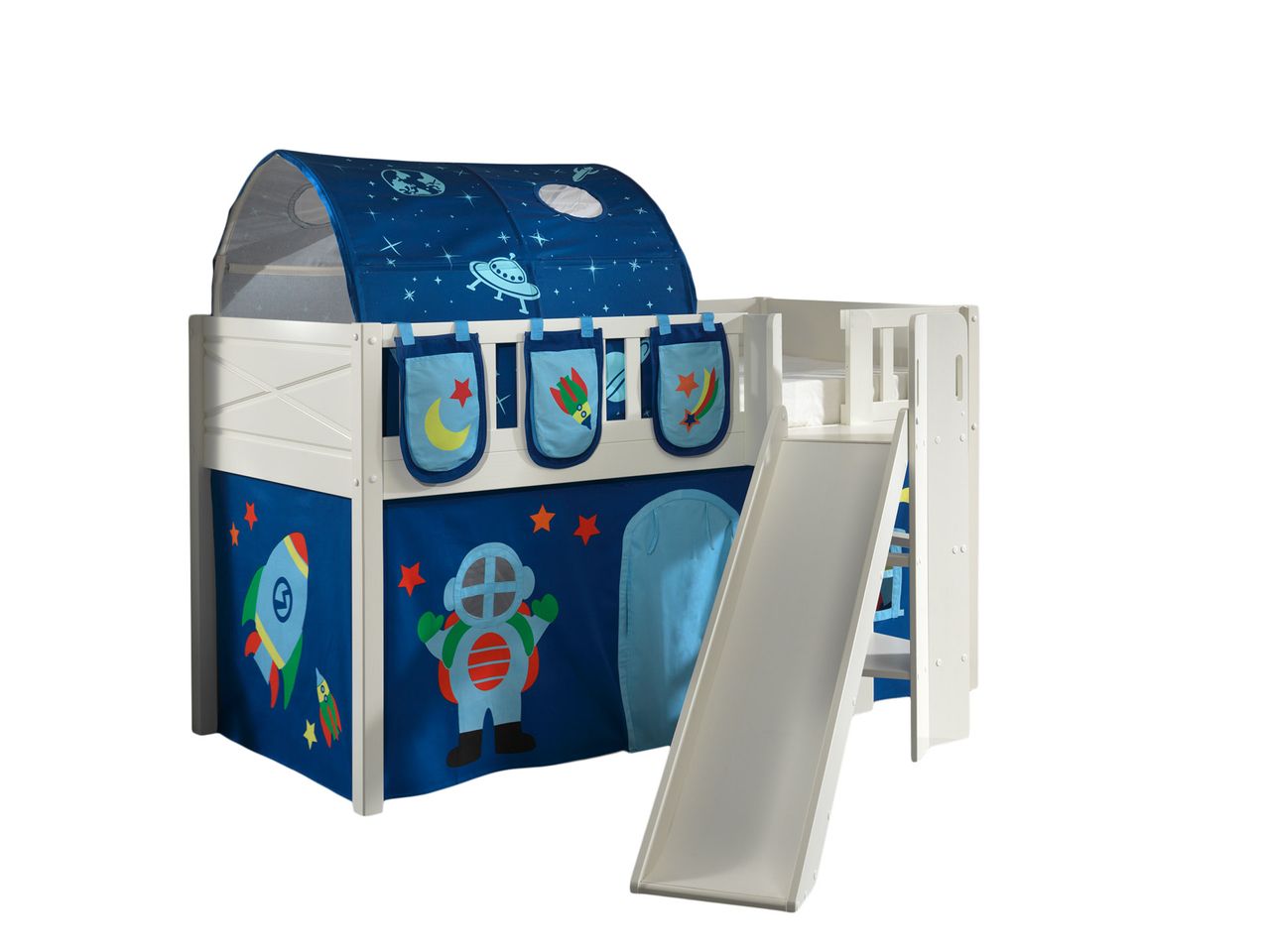 VIPACK Spielbett SCOTT, LF 90 x 200 cm, mit Rolllattenrost, Rutsche, Leiter und Textilset Vorhang, Tunnel und 3 Taschen 