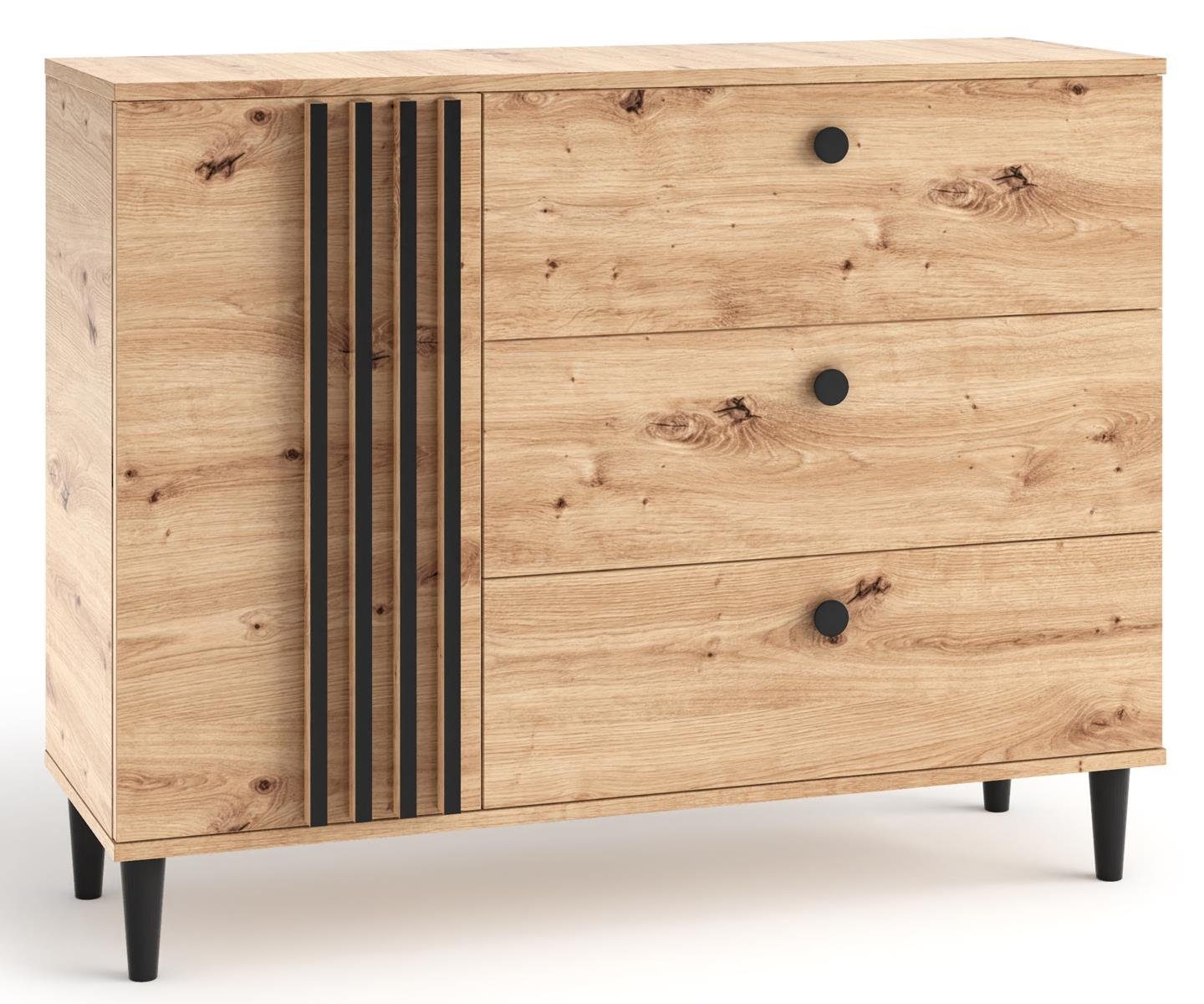Beautysofa Kommode L3, eintürig Stauraumkommode, mit drei Schubladen, mit Lamellen, in loft Stil