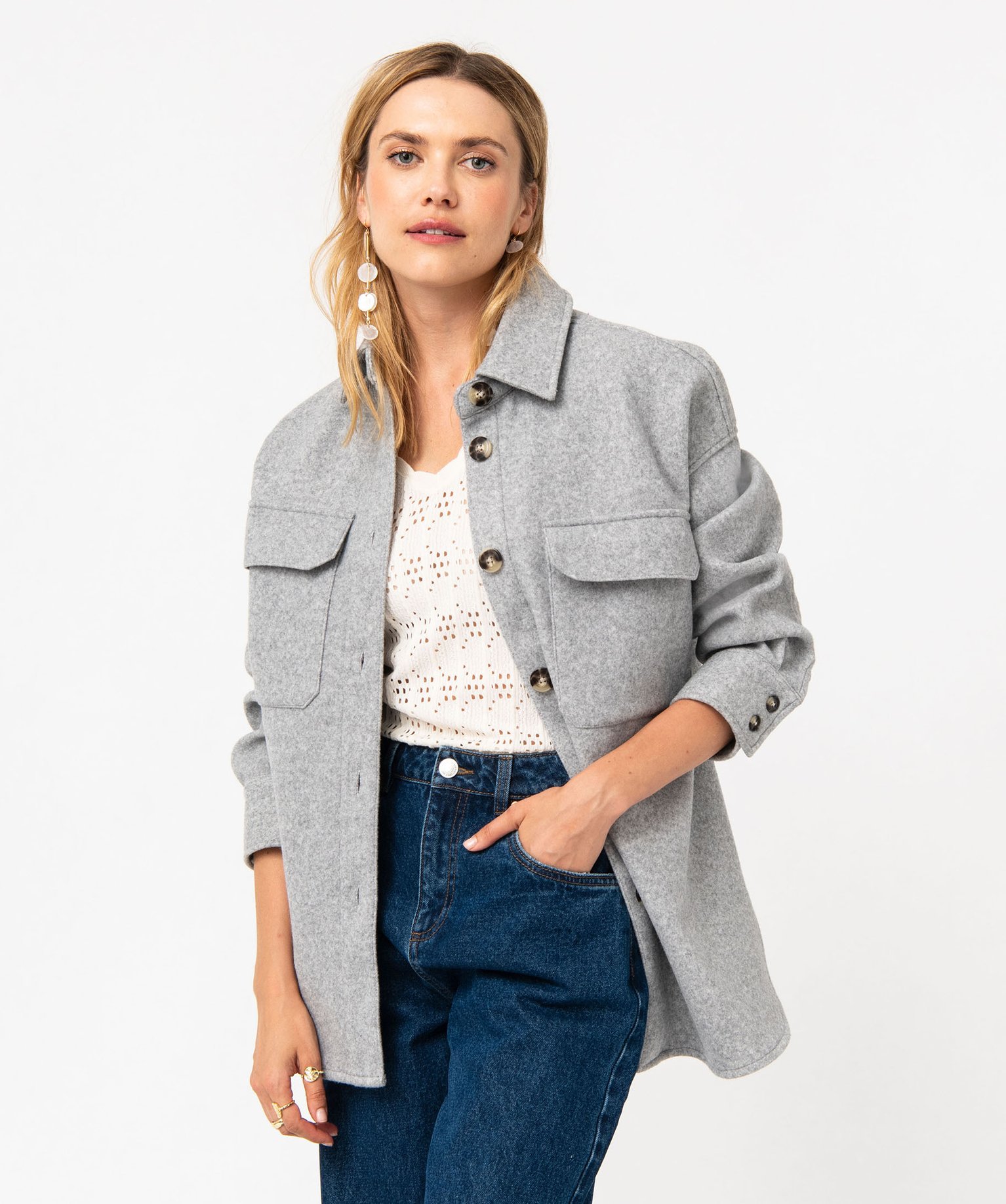Veste mi-longue style chemise femme gris | GEMO