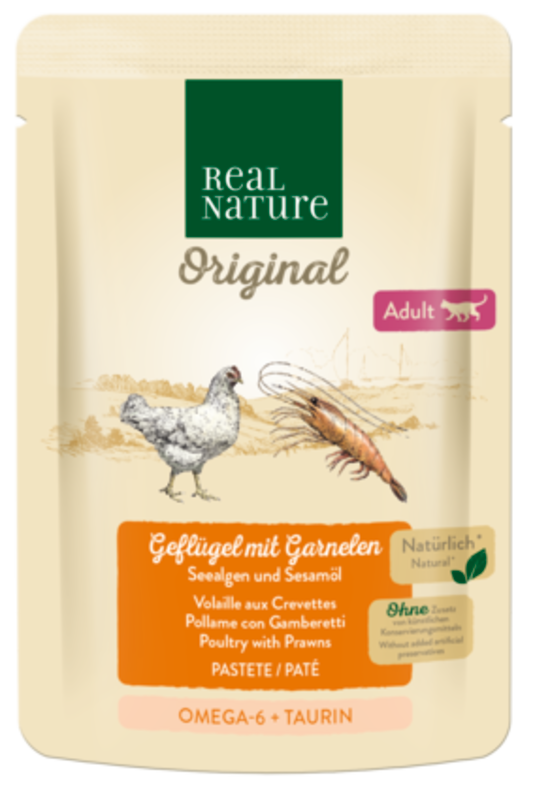 REAL NATURE Nassfutter REAL NATURE Original Adult 12x85g Geflügel mit Garnelen, in Paté