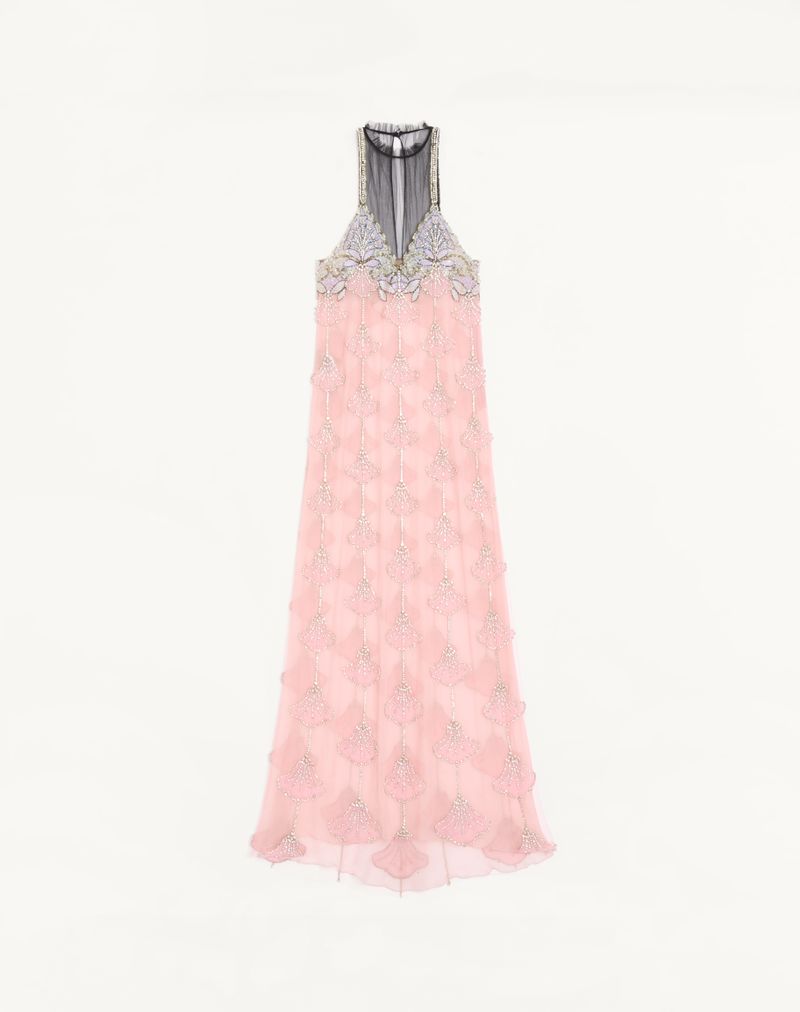 Vestido longo de tule com bordado ilusão