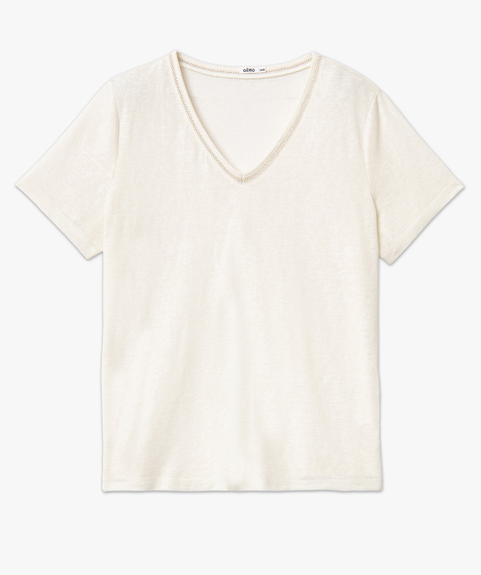 Tee-shirt manches courtes droit et fluide à col V et paille... ecru | GEMO
