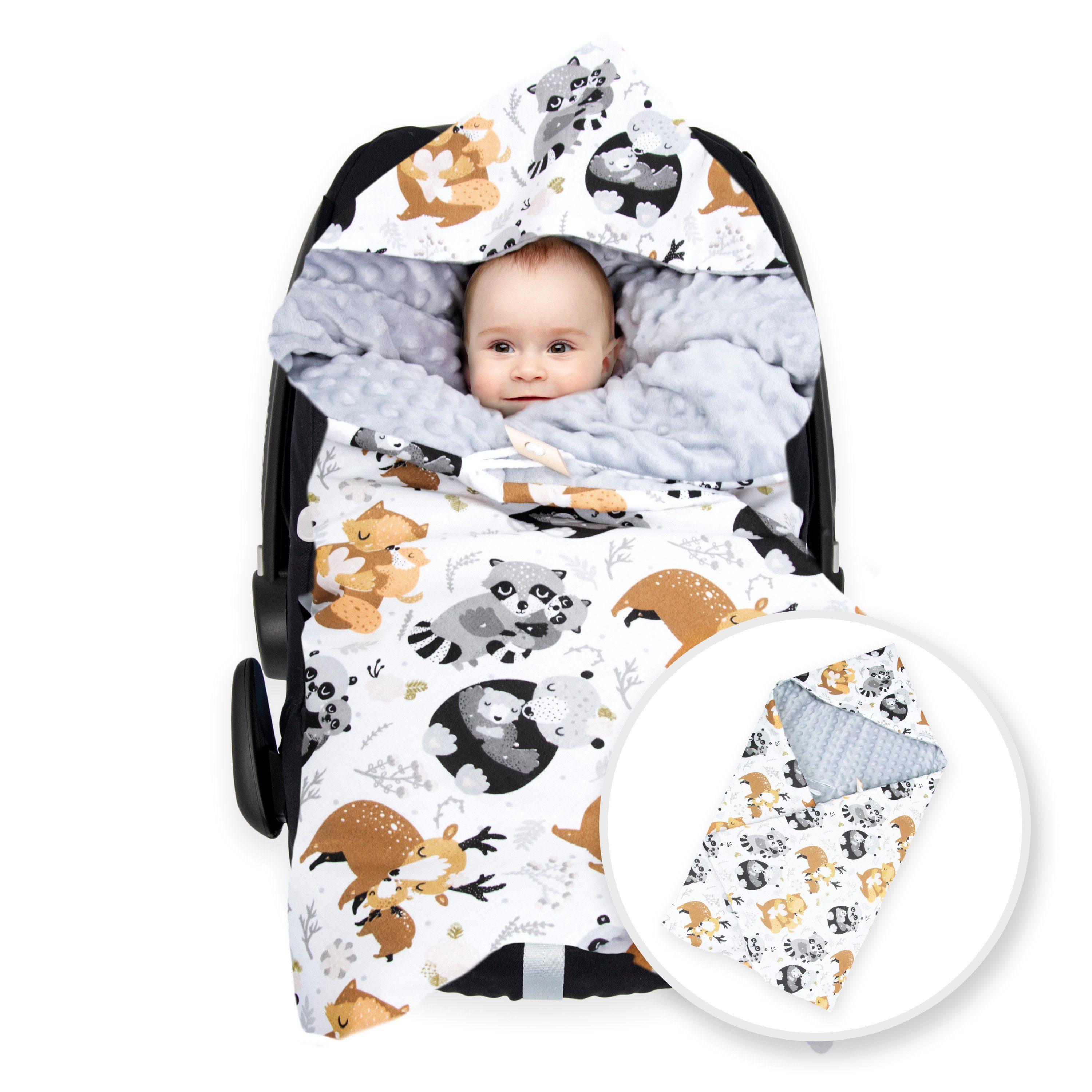 Einschlagdecke (Made in EU) Baby Babydecke, Fußsack, Kuscheldecke mit Kapuze, universal für Babyschale; Autositz; Buggy; Kinderwagen, ca. 90x90 cm, Amilian