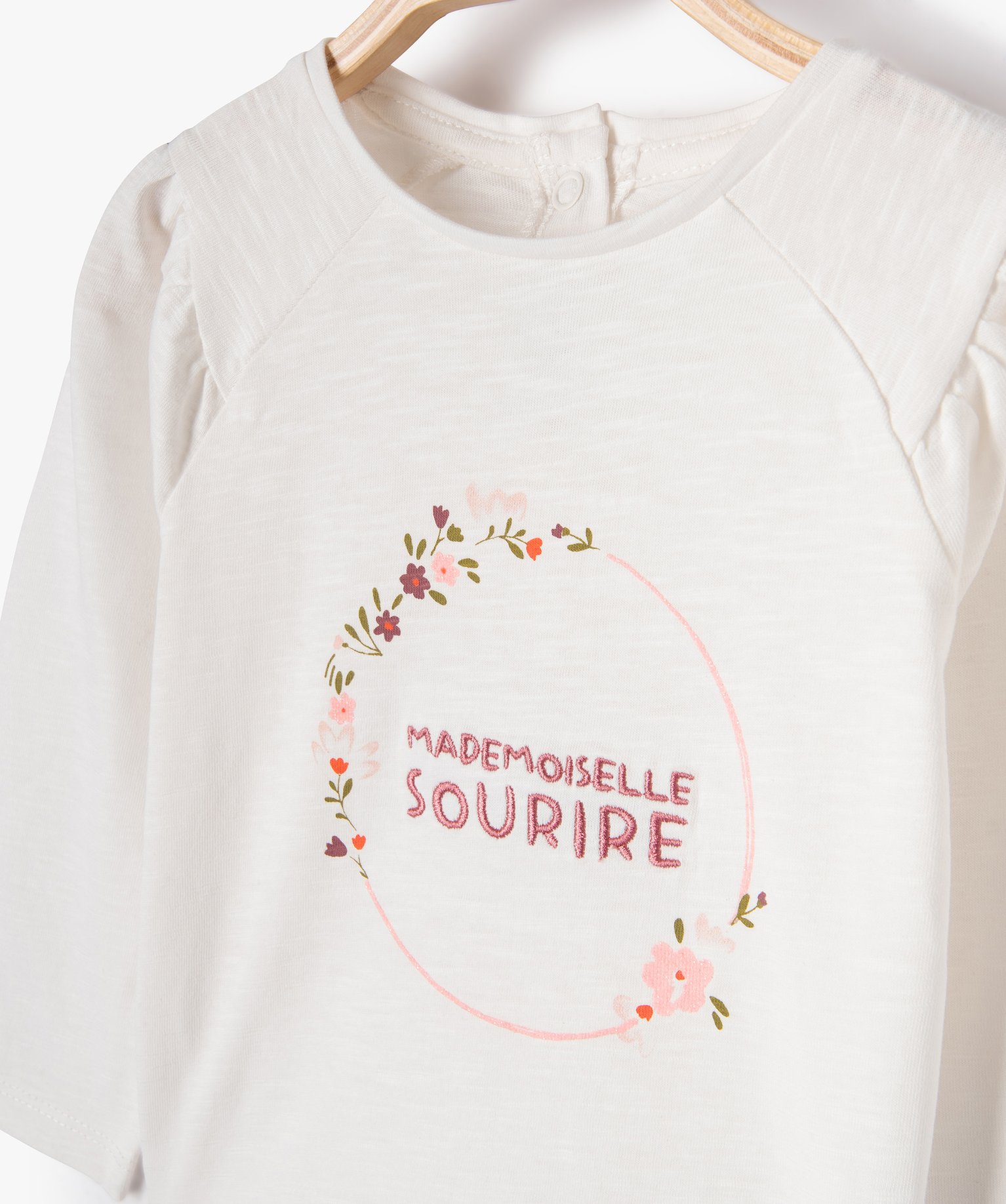 Tee-shirt manches longues fantaisie brodé bébé fille ecru | GEMO