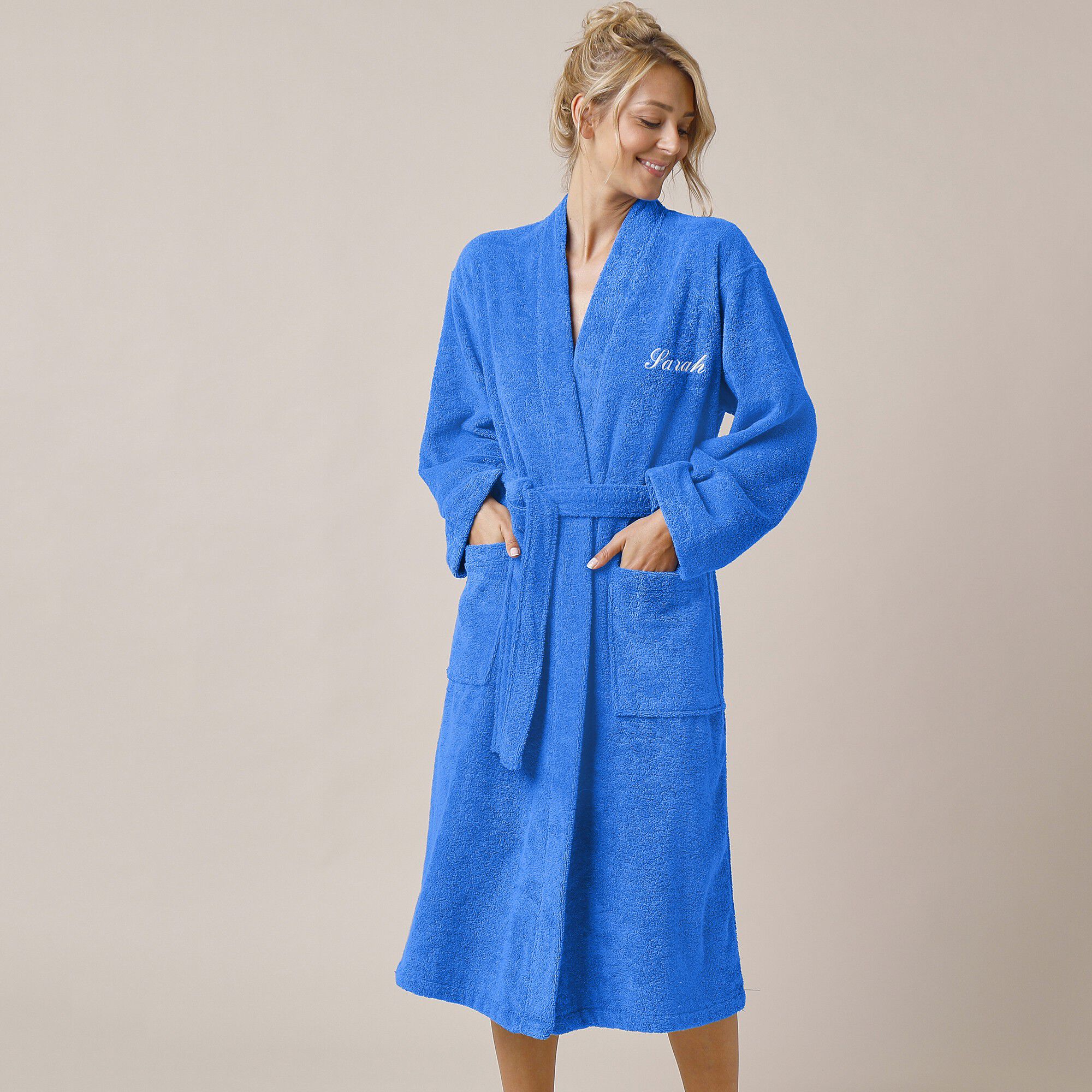 Peignoir mixte adulte uni coton éponge bouclette col kimono personnalisé