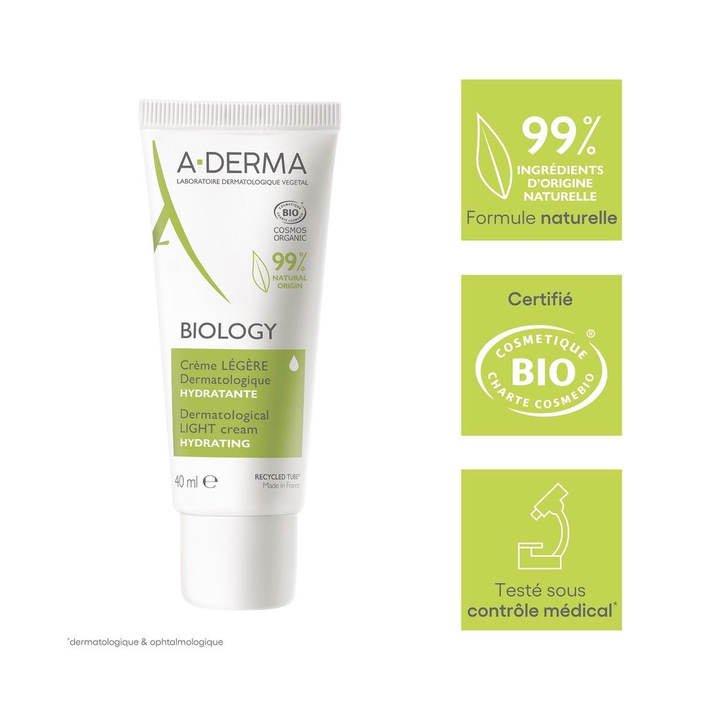 A-Derma Biology - Crème légère dermatologique hy dratante BIO Soin visage