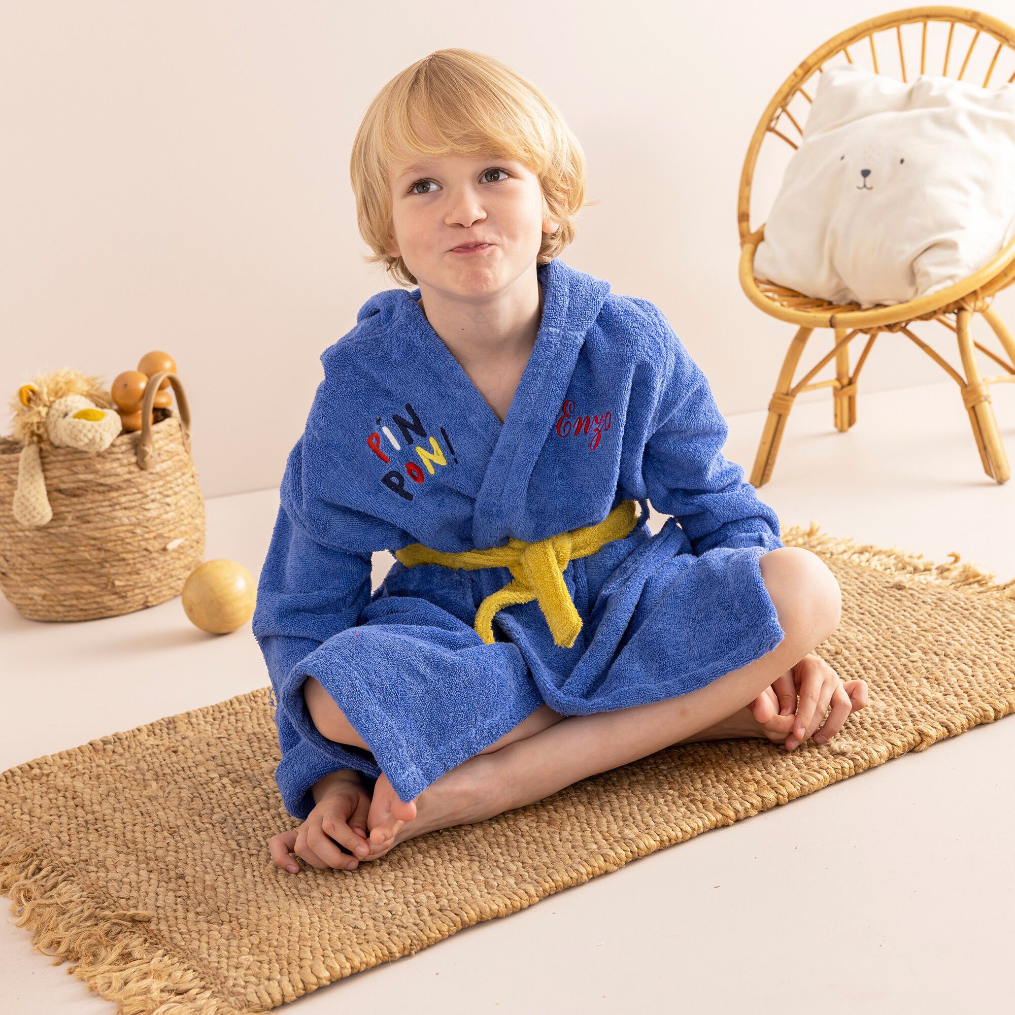 Peignoir de bain enfant personnalisable Pin-pon à capuche