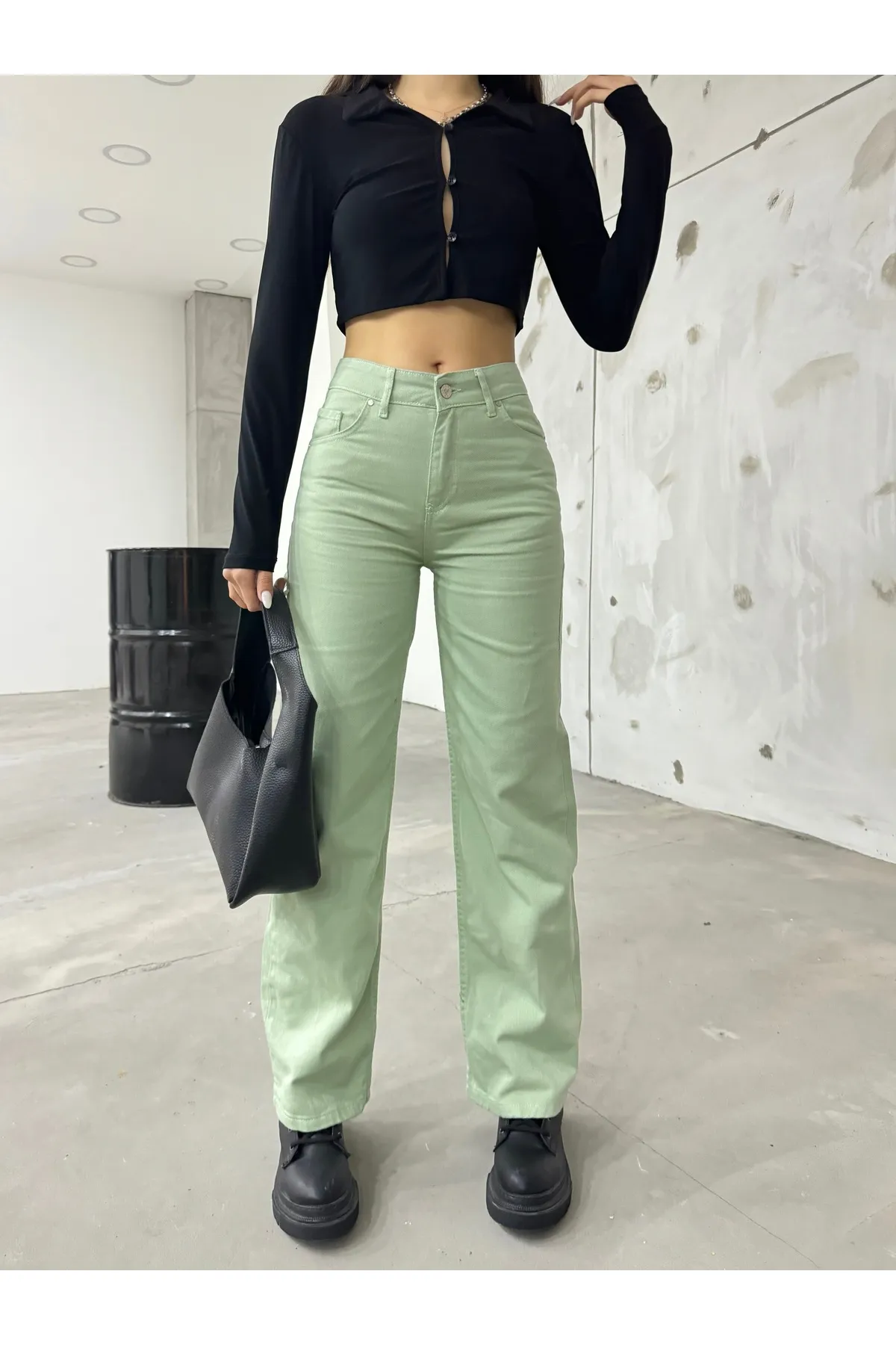 BİKELİFE  Aquagrüne Palazzo-Hose mit weitem Bein und hoher Taille für Damen