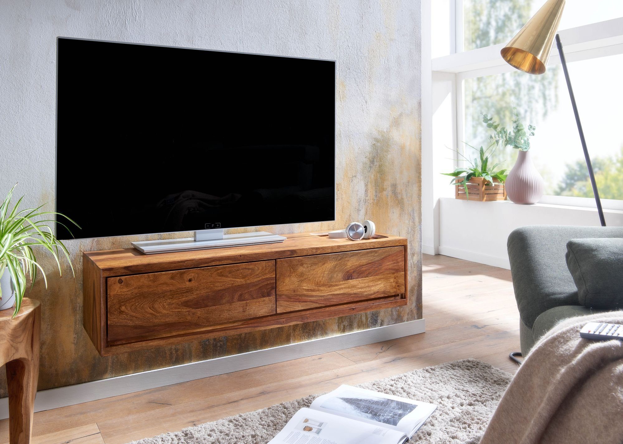 FINEBUY Lowboard FB79721 (Lowboard Hängend Sheesham Massivholz 108x25x34 cm), TV-Schrank mit Stauraum, Fernsehkommode Modern