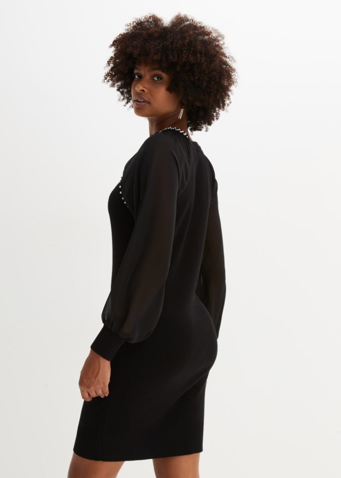 Strickkleid mit Strass und Chiffon-Ärmeln