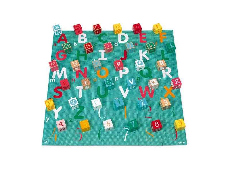 Kubix 40 cubes + puzzle Lettres et Chiffres, jeu de construction 2 en 1 Janod