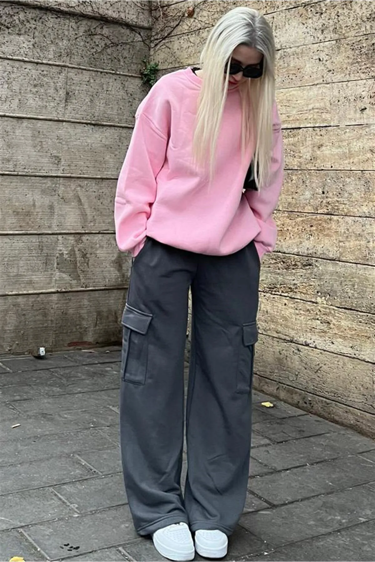 Madmext  Geräucherte Damen-Jogginghose mit weitem Bein und Cargotasche Mg1615