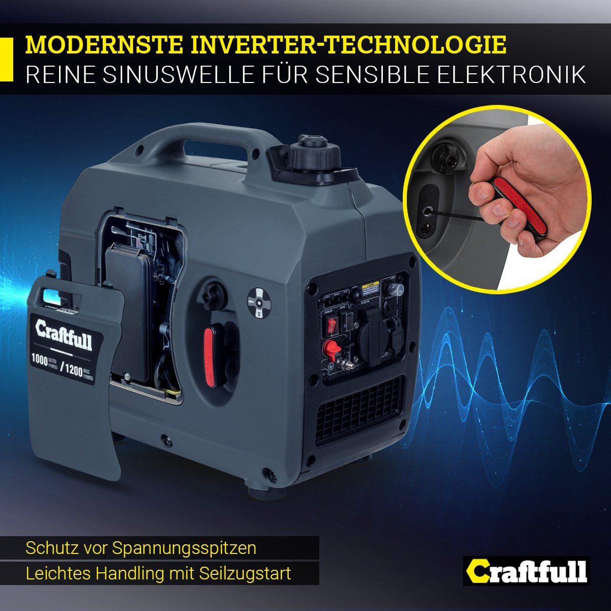 Craftfull Stromerzeuger Stromgenerator Benzin Power Inverter PI1200/ PI2000, 1,50 in kW, (Stromerzeuger 2x Fast-Charge USB-Anschluss - 12 V/8,3 A - Eco Modus - Ölmangelschutz - reine Sinuswelle für sensible Elektronik, 1-tlg., Spitzenleistung 1200 W
