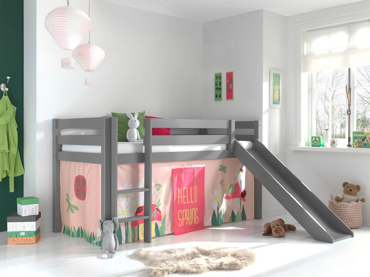 VIPACK Spielbett Pino inkl. Rutsche mit Textilset Vorhang 