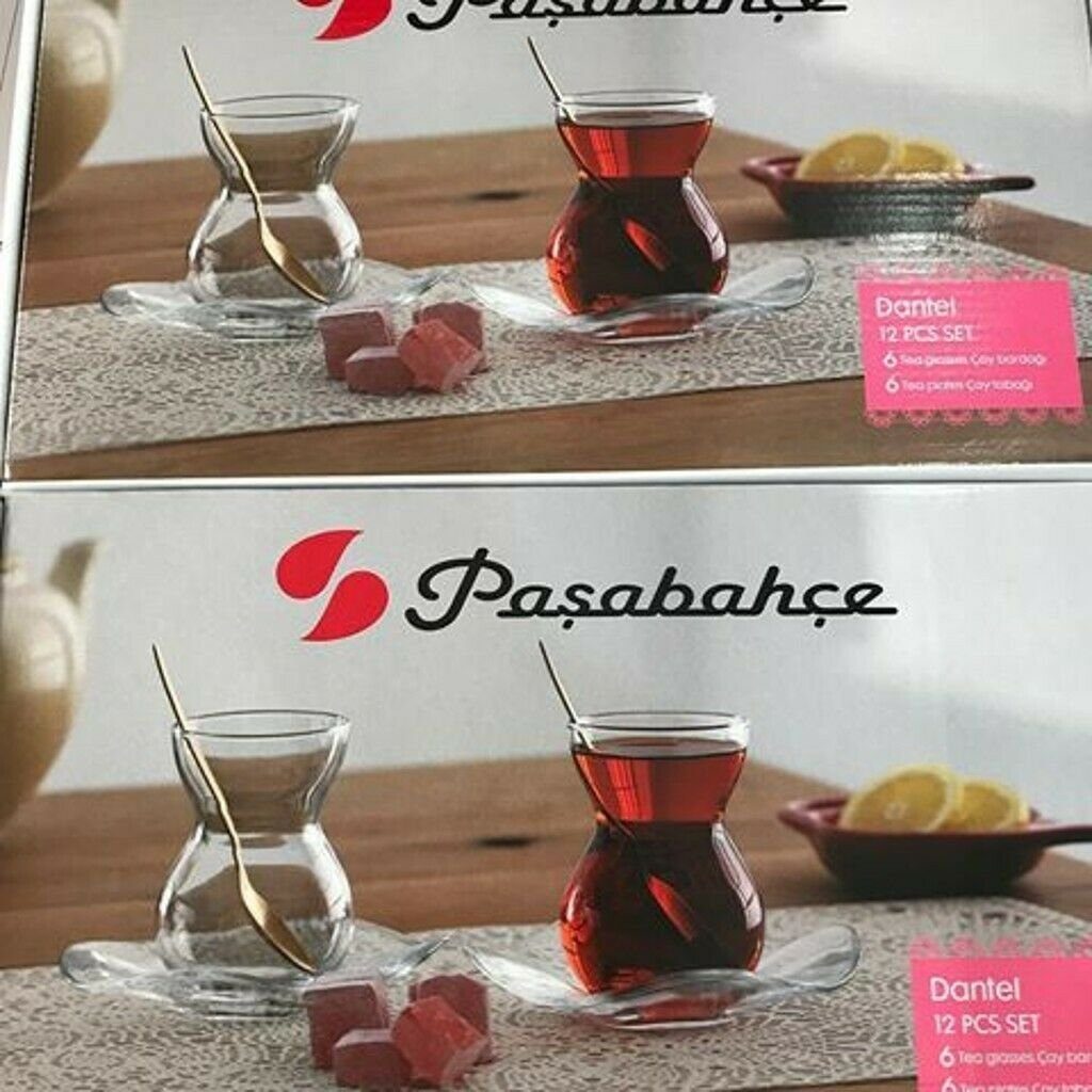 Pasabahce Gläser-Set Dantel, Glas, Teeglas Set 12 Teilig mit Untertassen, Spülmaschinengeeignet