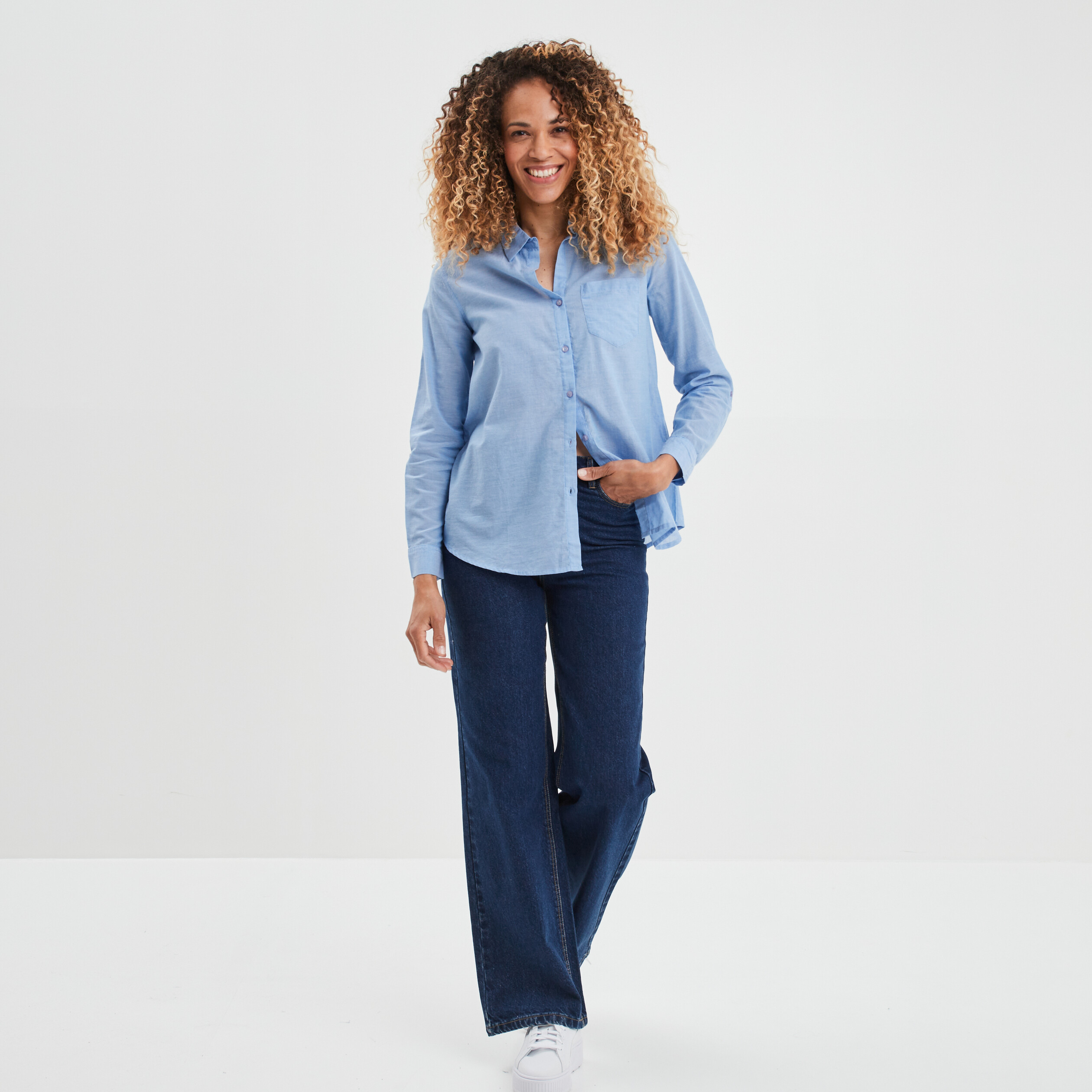 Chemise manches longues en coton bleu femme | La Halle