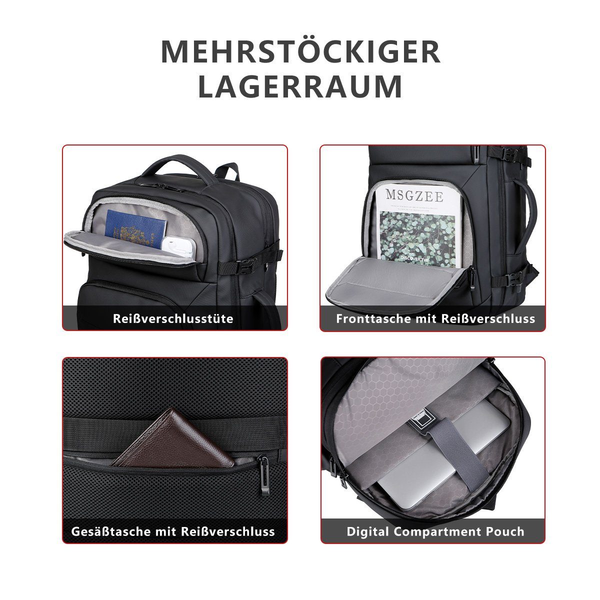 MULISOFT Reiserucksack Groß Laptoprucksäcke Daypack Arbeit Erweiterbarer Business Rucksack (15,6 Zoll Grau, Anti-Diebstahl, mit USB-Lade-Anschluss, Backpack mit Laptopfach), Schulrucksack Laptop Notebook Tasche Schule Uni Rucksack