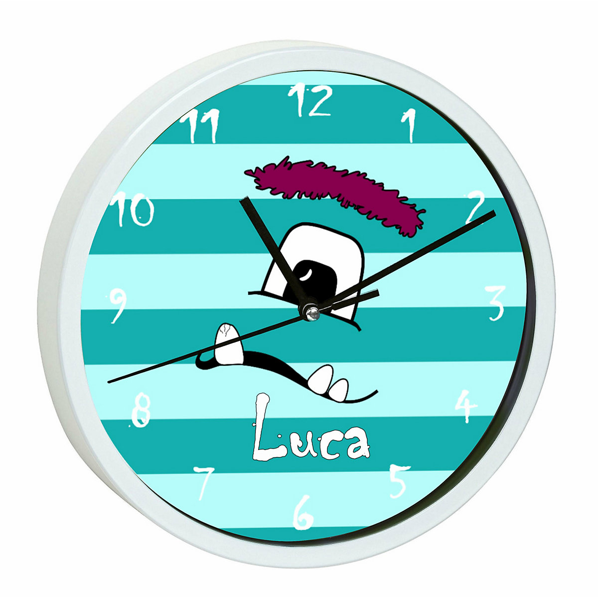 Kinder Wanduhr personalisiert mit Name Monster Streifen türkis