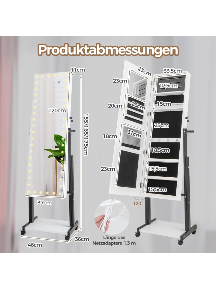 COSTWAY Schmuckschrank LED mit Rollen 4 in 1 in Weiß günstig kaufen onesize