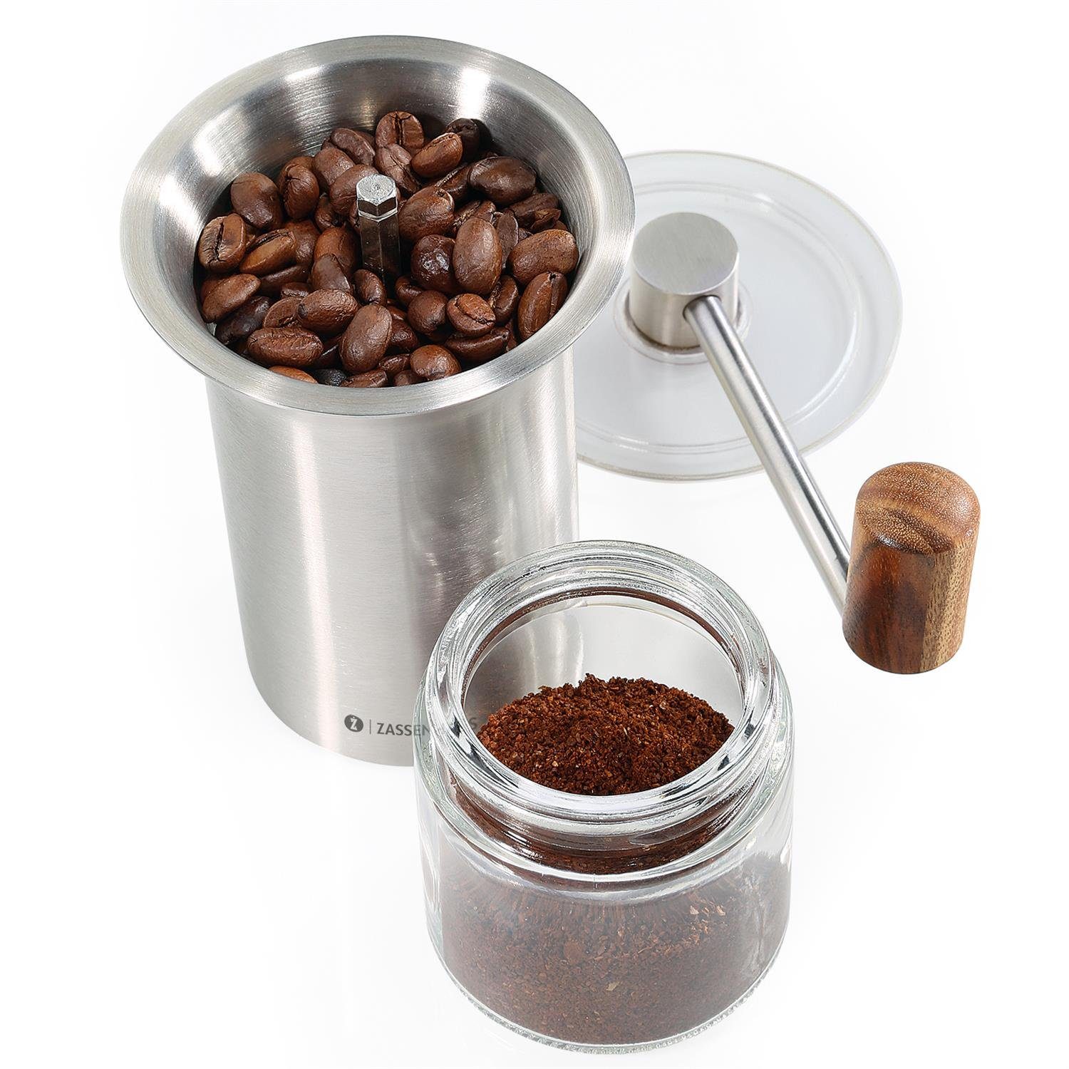 ZASSENHAUS Kaffeemühle Barista Edelstahl/Glas - Handmühle Espressomühle, 40 g Bohnenbehälter, Manuell