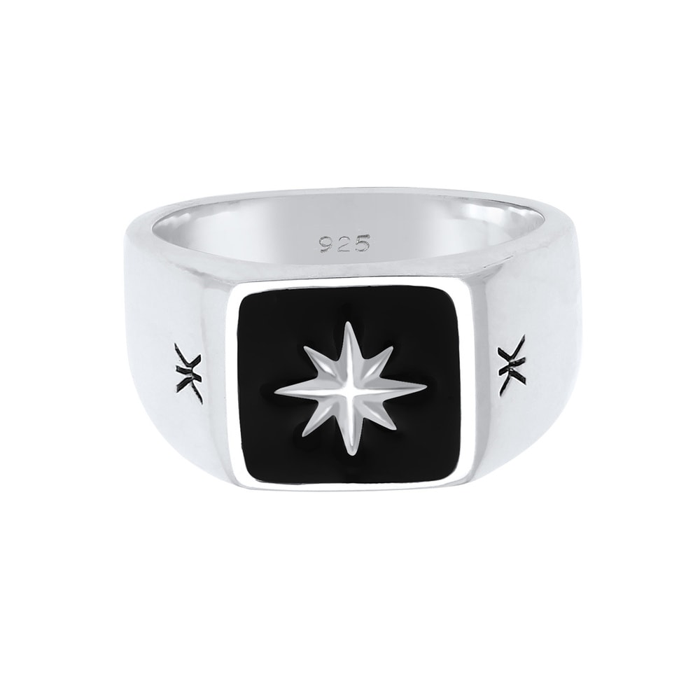 KUZZOI KUZZOI Bague Hommes Signet Black Enamel Star Massive en argent sterling 925 Bague