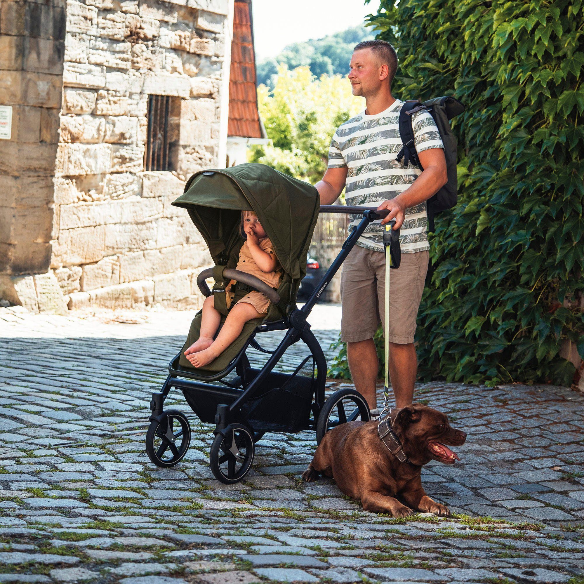 Gesslein Kombi-Kinderwagen FX4 Soft+ mit Aufsatz Style, moos/tabak, mit Babywanne C3 und Babyschalenadapter