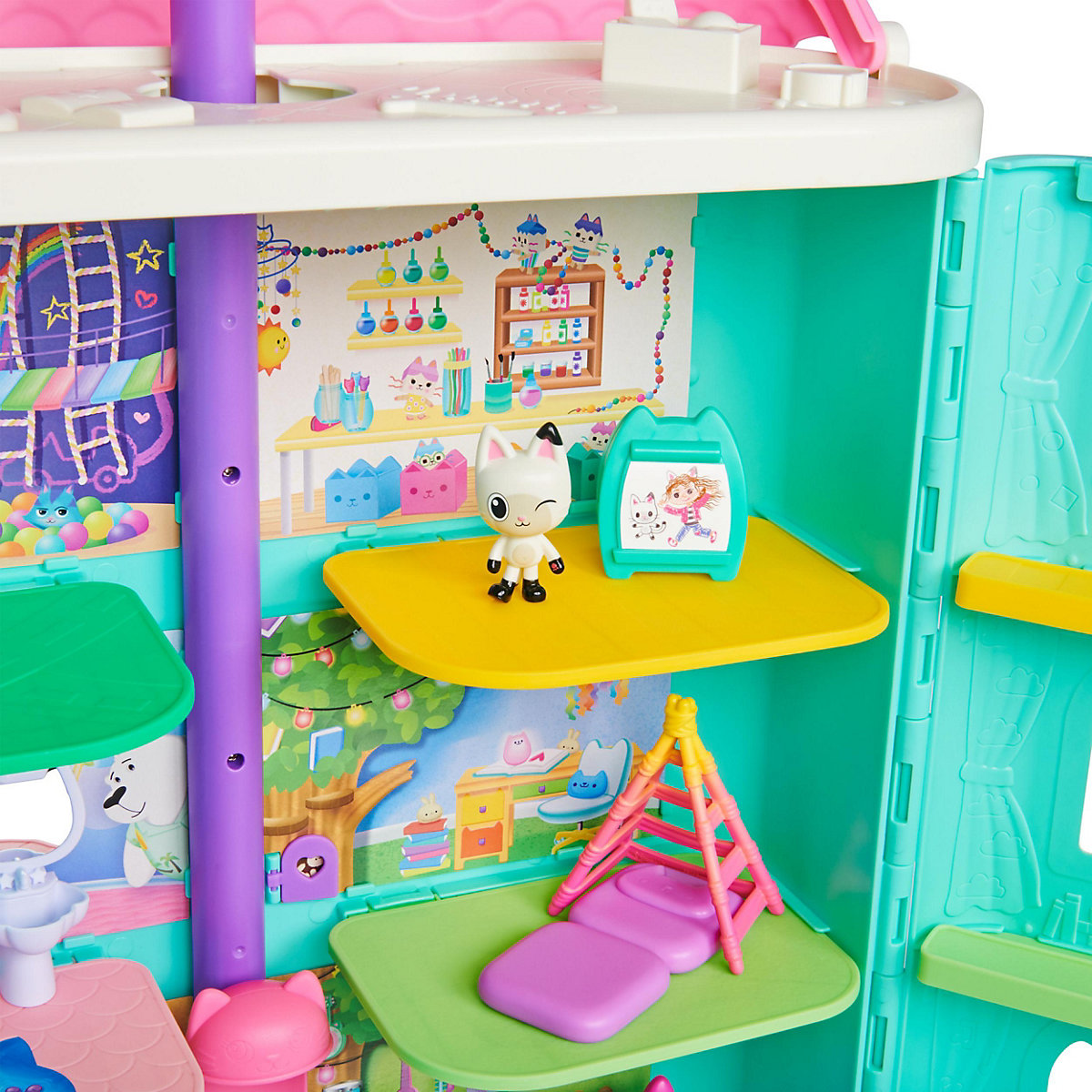 Gabby‘s Dollhouse, Puppenhaus mit 2 Spielzeugfiguren, 8 Möbelstücken, 3 Zubehörteilen, 2 Überraschungsboxen und Geräuschen, geeignet für Kinder ab 3 Jahren