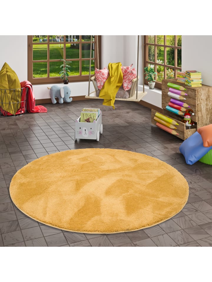 Pergamon Super Soft Kinder Hochflor Teppich Silky Kids Rund in Curry günstig kaufen