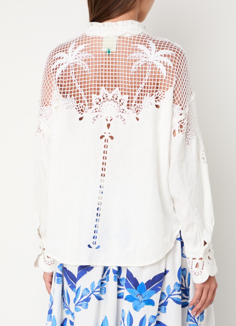Farm Rio Palms Richelieu linen blouse with embroidery and openwork detail
