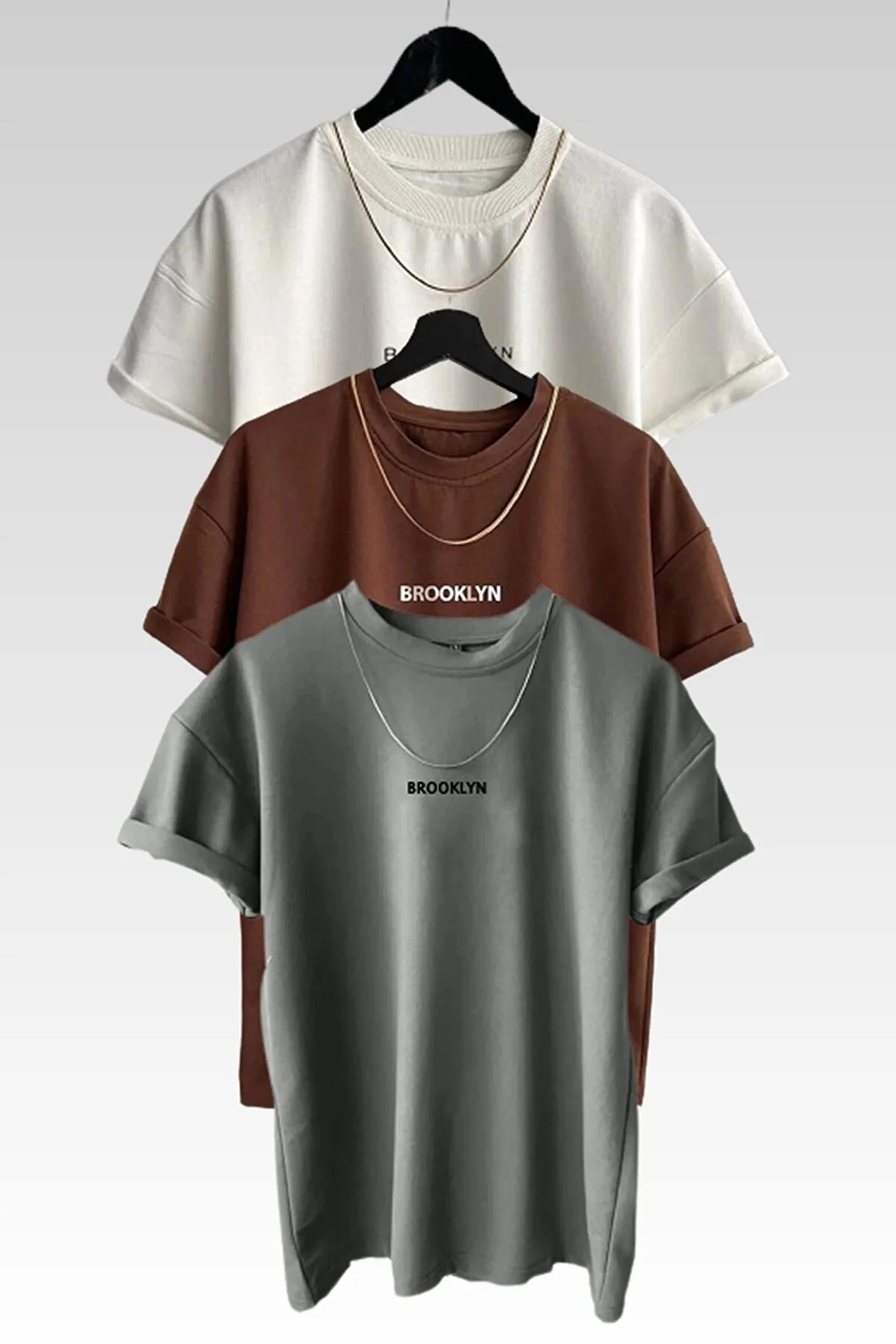 MODAGEN  Unisex-T-Shirt mit Brooklyn-Aufdruck im 3er-Pack in Braun-Grau-Weiß