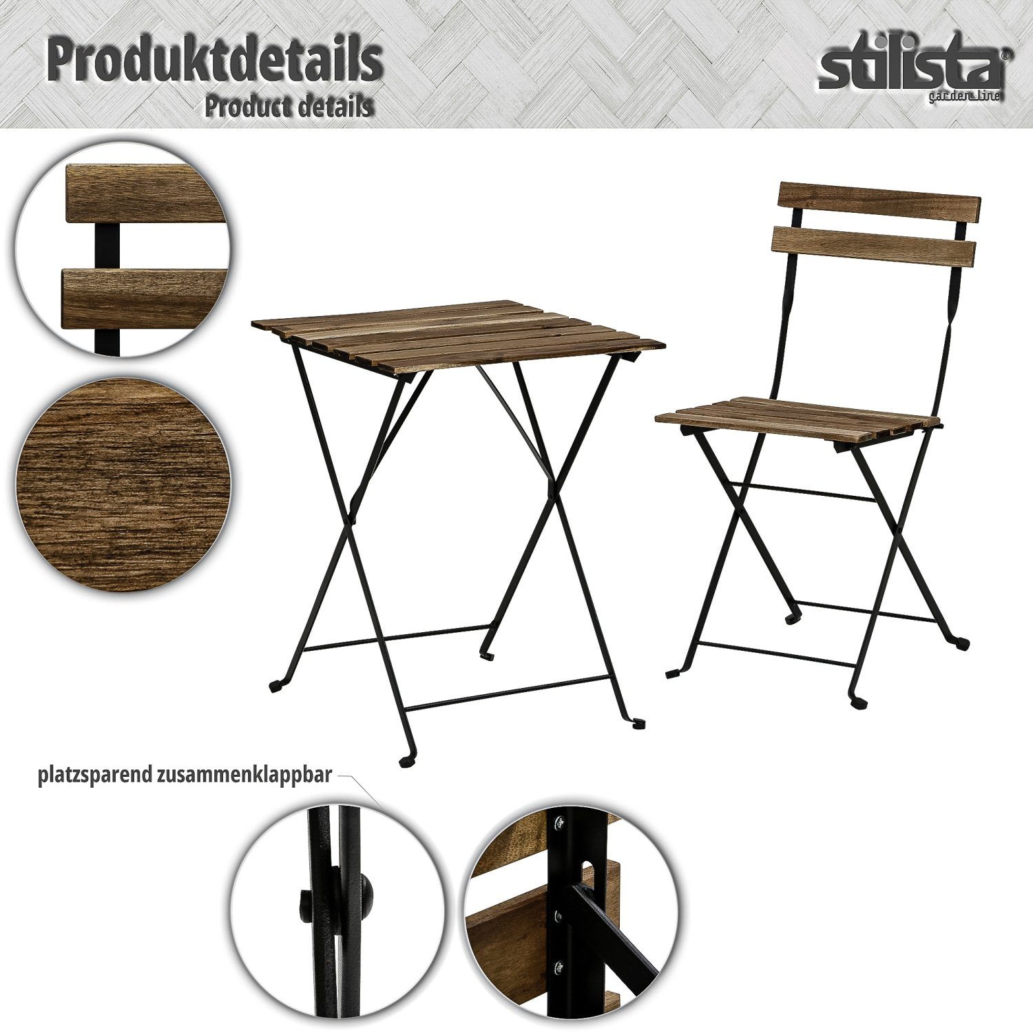 STILISTA Balkonset Bistroset Sitzgruppe Gartenmöbel Terrassenmöbel, (Set, 3er Set), FSC®-zertifiziertes Akazienholz und Metall, 3-tlg., Klappbar
