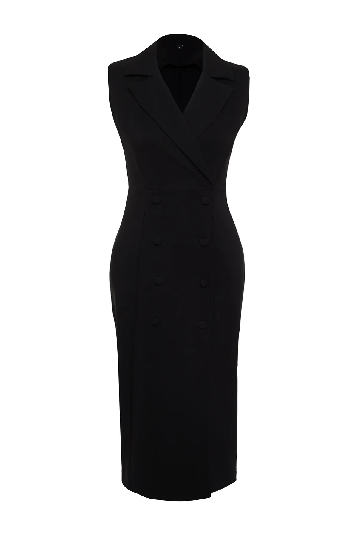 Trendyol Collection  Schwarzes, körperbetontes, ärmelloses Midi-Webkleid mit Knopfdetail und zweireihigem Kragen TWOSS24EL00616