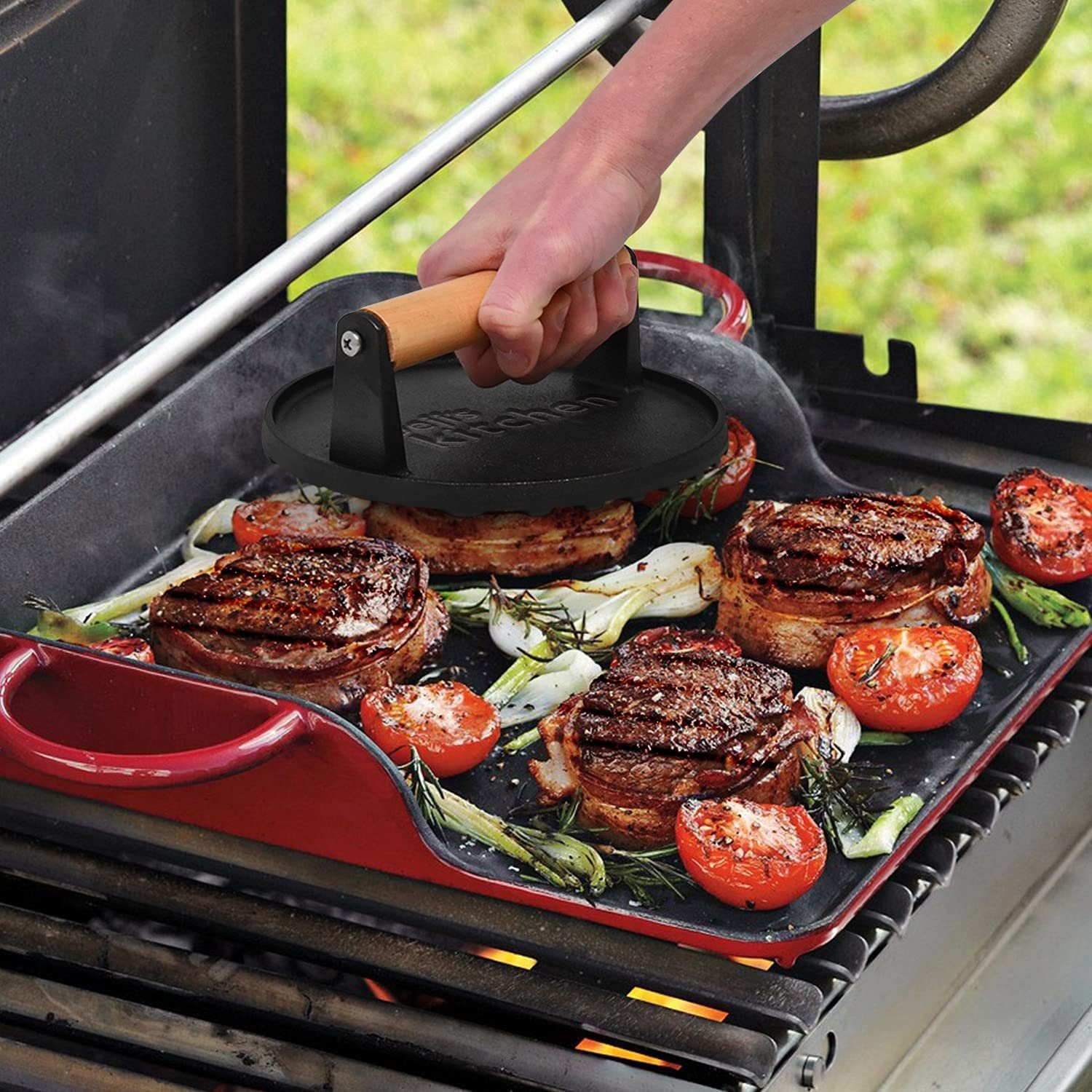 JOEJI’S KITCHEN Burgerpresse Antihaft Gusseisen für perfekte Hamburgerpresse Cool-Touch-Holzgriff, Eisen