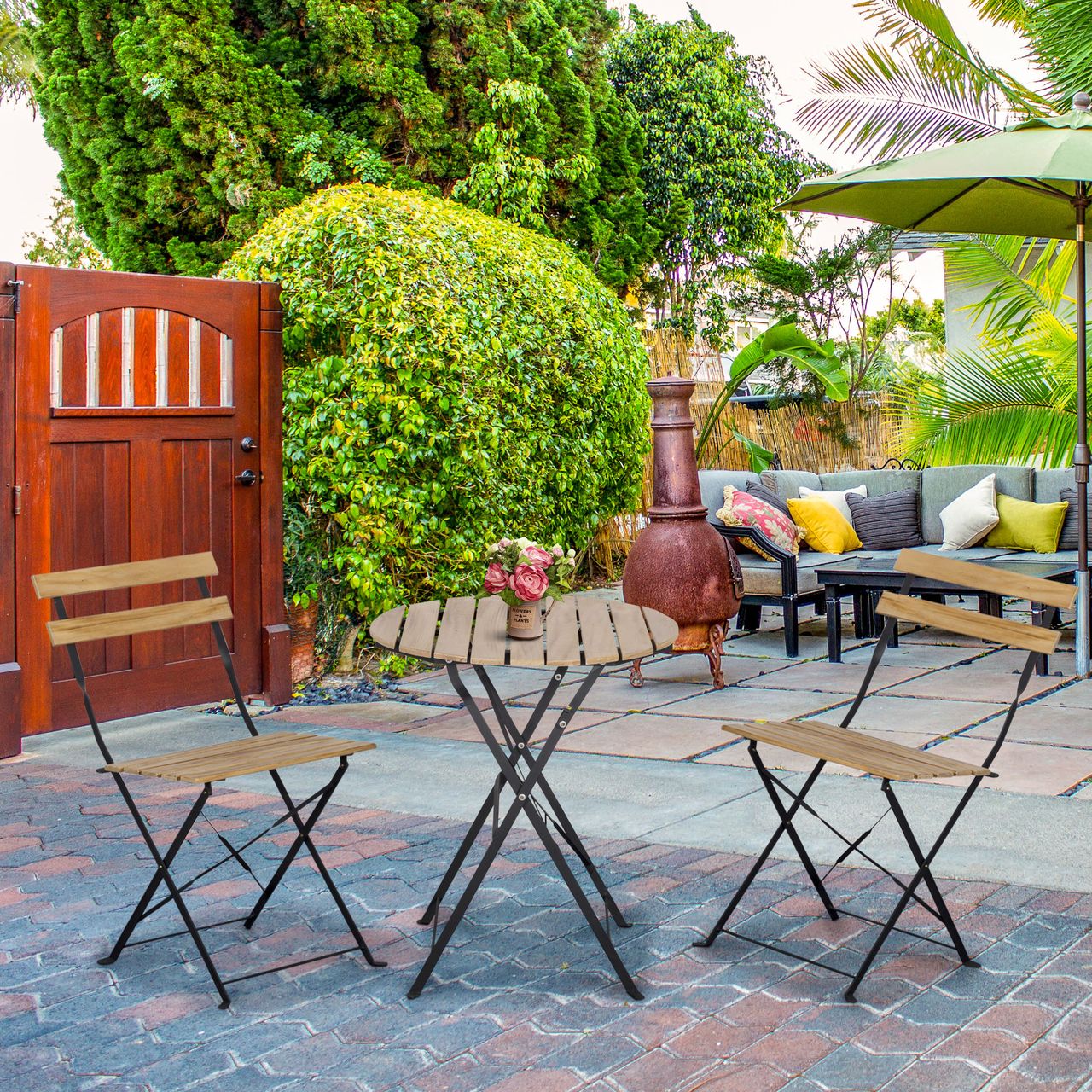 Outsunny Bistroset 3-tlg. Klappbar Gartenset Balkonset Bistrotisch mit 2 Stühlen Gartenmöbel Metall Kiefernholz Natur