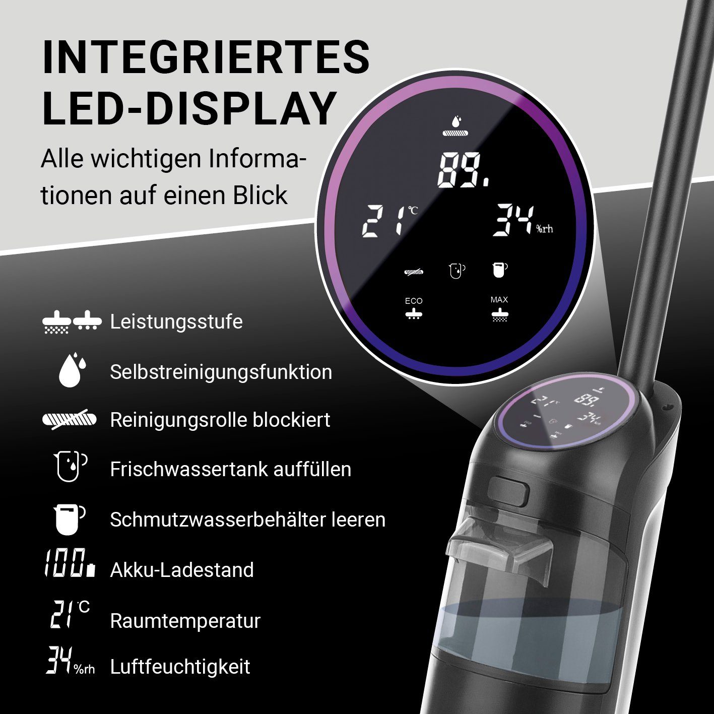 N8WERK Nass-Trocken-Sauger Akku Bodenreiniger mit Saugfunktion - 220W - schwarz, Saugwischer Nasssauger Staubsauger