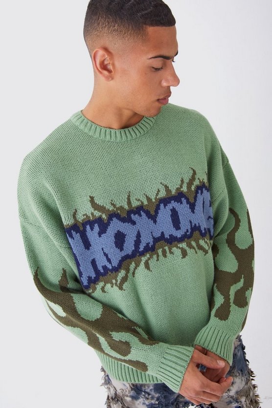 Kastiger Strickpullover mit Homme-Graffiti