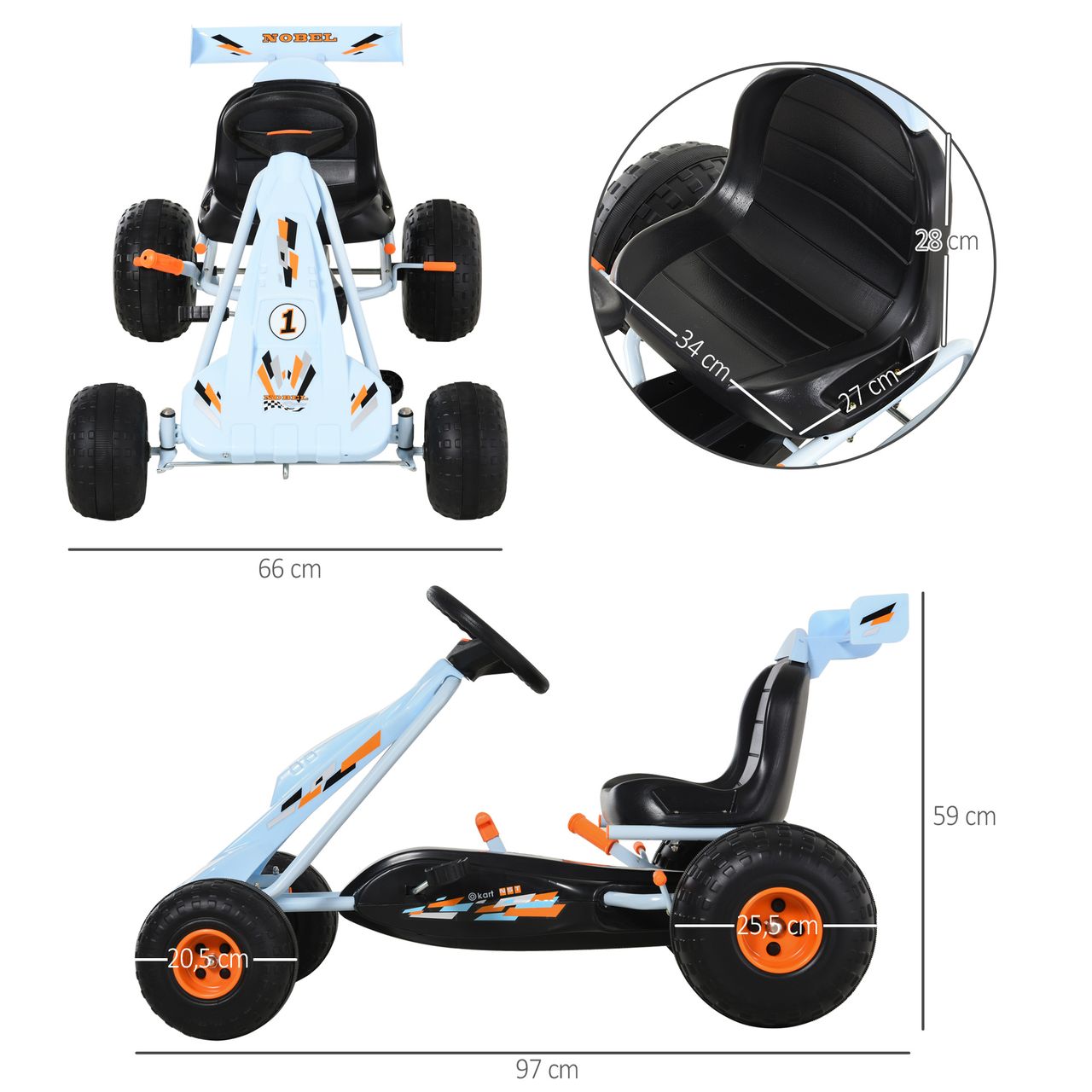 HOMCOM Go Kart Kinderfahrzeug Tretauto mit Pedal ab 3 Jahre Stahl Hellblau