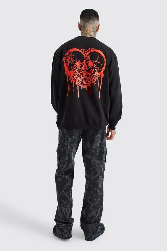 Tall Oversize Sweatshirt mit Totenkopf Herz Print