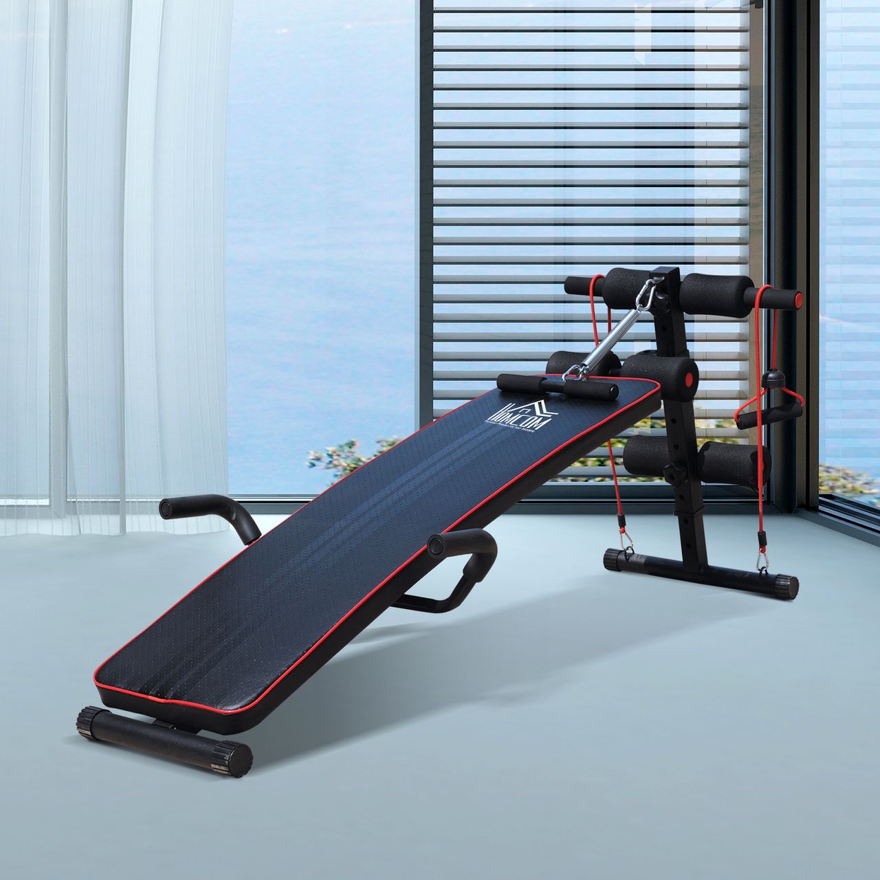 HOMCOM Sit Up Bank Bauchtrainer Trainingsbank Fitnessbank inkl. Widerstandsbände Schwarz   Rot 55,5 x 137,5 x (50–68) cm 120 kg Belastbarkeit