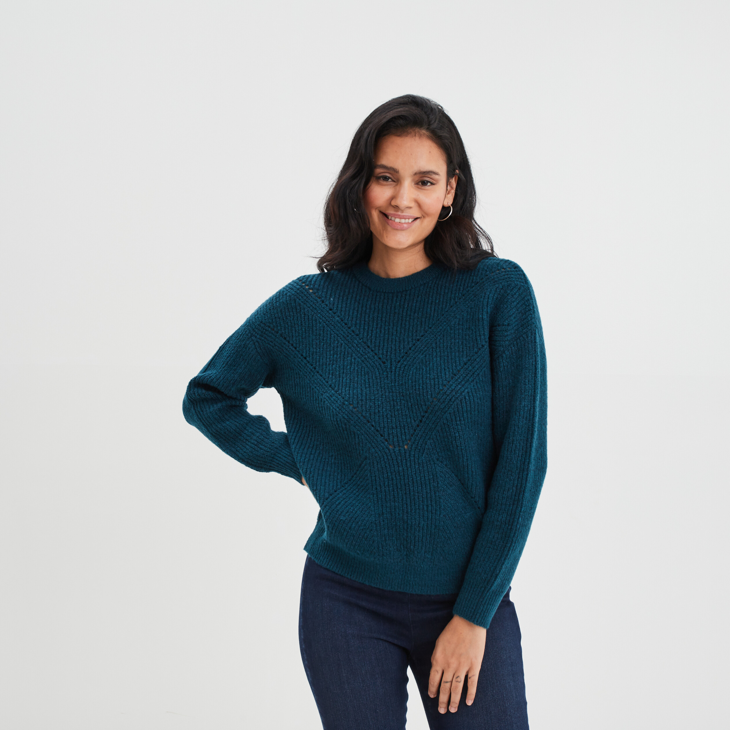 Pull avec détails ajourés bleu canard femme | La Halle