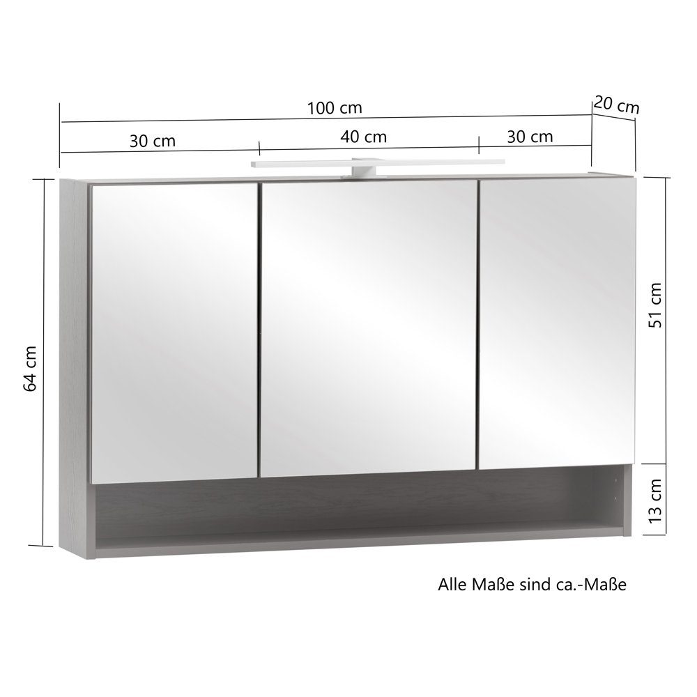 Lomadox Badmöbel-Set KAHLA-03, (3-St), Eiche Baumkantenoptik Waschbecken und Spiegelschrank 181/200/52 cm