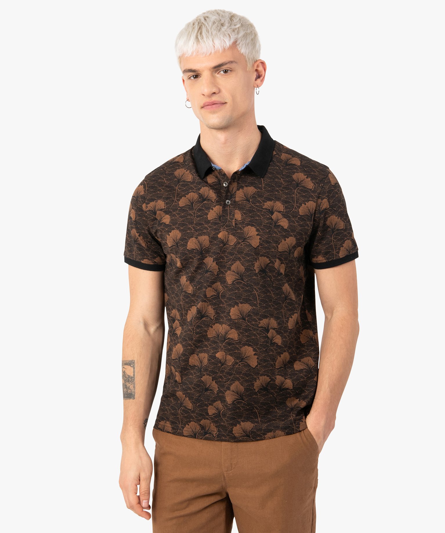 Polo homme à motifs fleuris et finitions contrastantes noir | GEMO