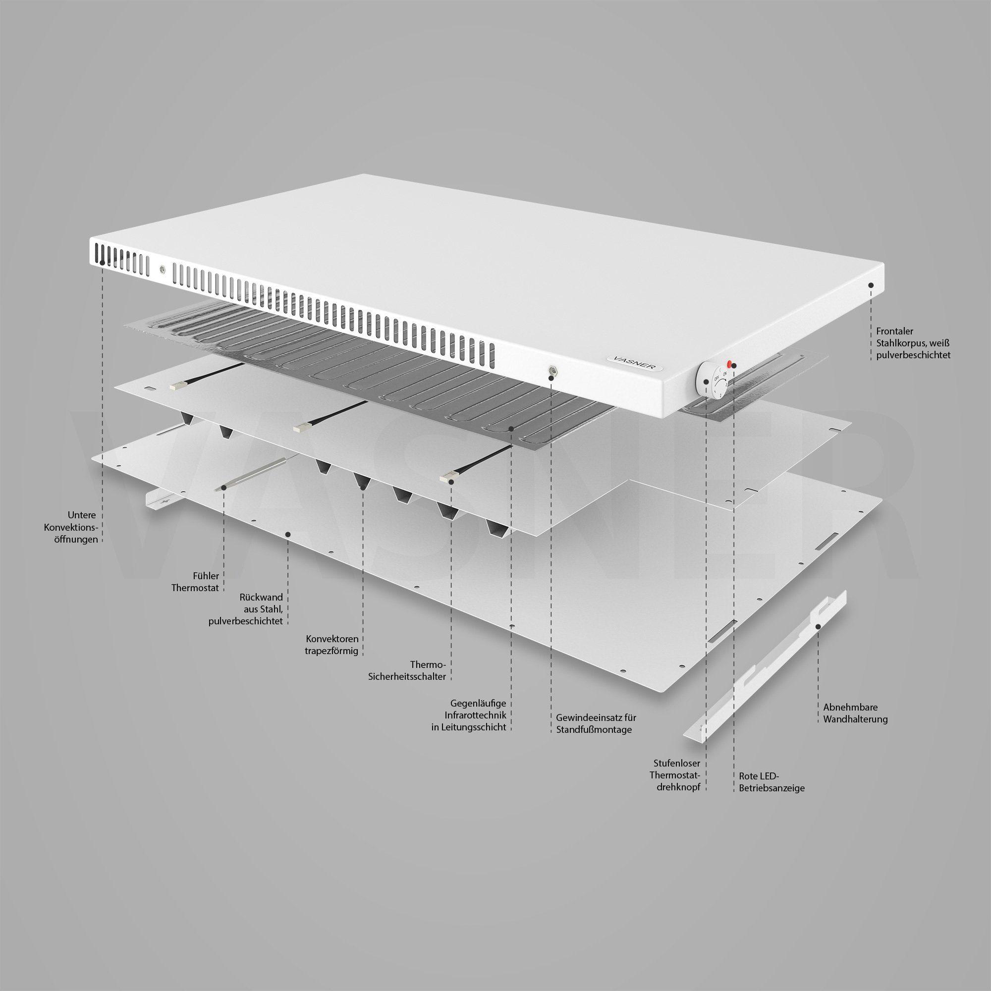 Vasner Infrarotheizung Konvi schwarz, Hybridheizung mit Konvektion & Thermostat, 600 Watt