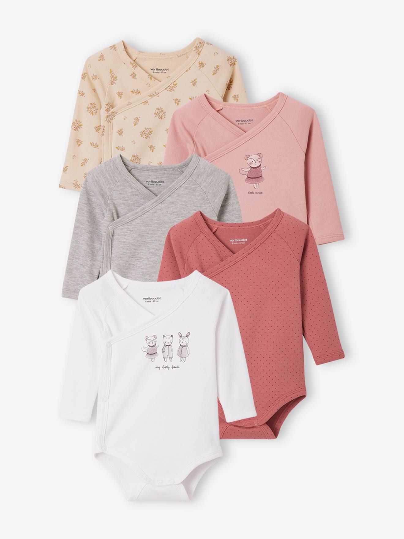 Lot de 5 bodies manches longues bébé ouverture naissance mauve
