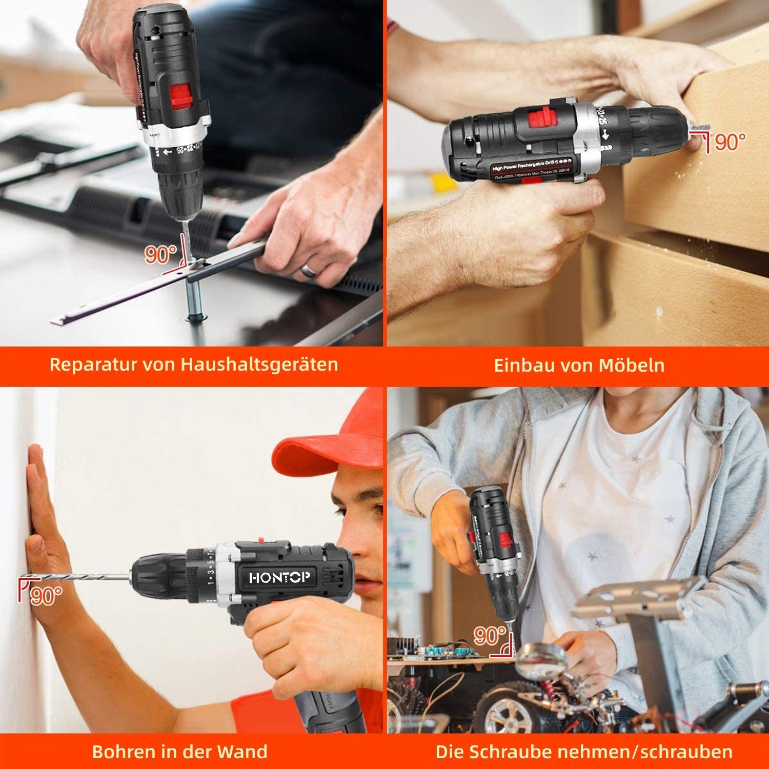 HONTOP Akku-Bohrmaschine Akkuschrauber mit 2 Akkus Bohrschrauber Set 12V 24 Zubehör