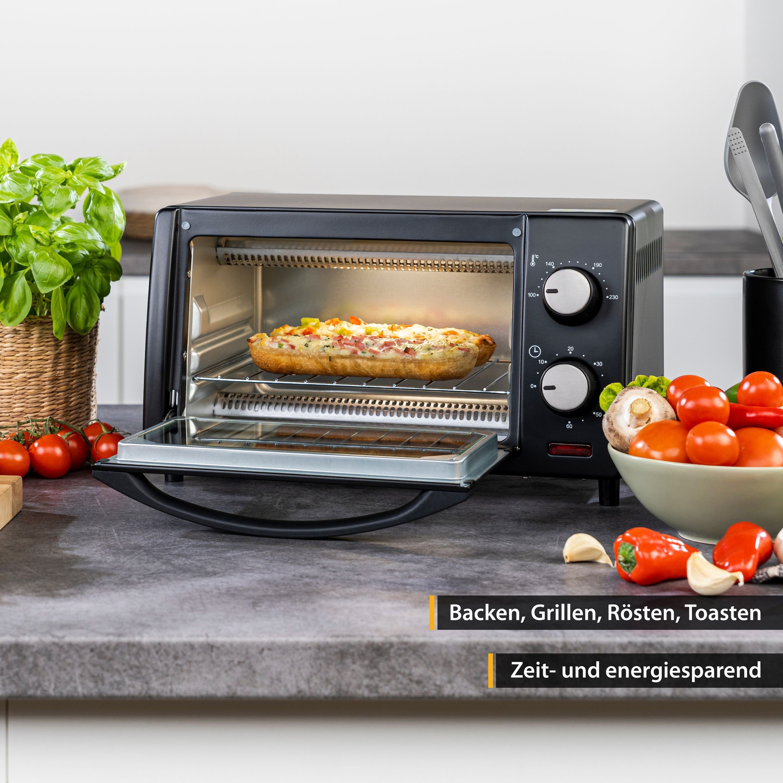 TZS FIRST AUSTRIA Minibackofen 10L Mini Backofen, 800W, bis 230 Grad, stufenlose Temperaturregelung, 60 Minuten Timer, 2 Einschubhöhen, Doppelglastür, Mini Ofen