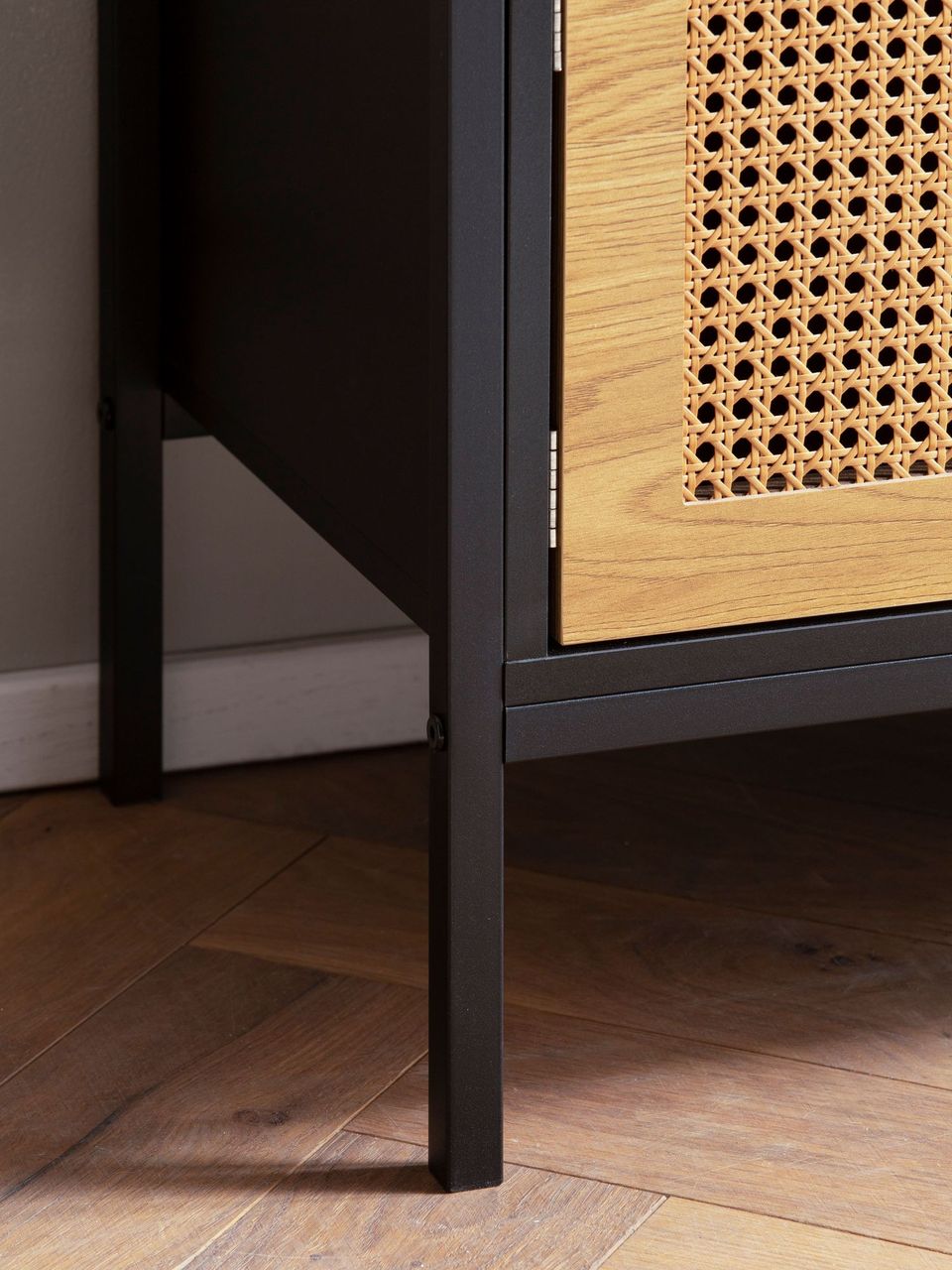 Wohnling Lowboard 110 cm TV Schrank Holz Schwarz Fernsehkommode Wiener Geflecht