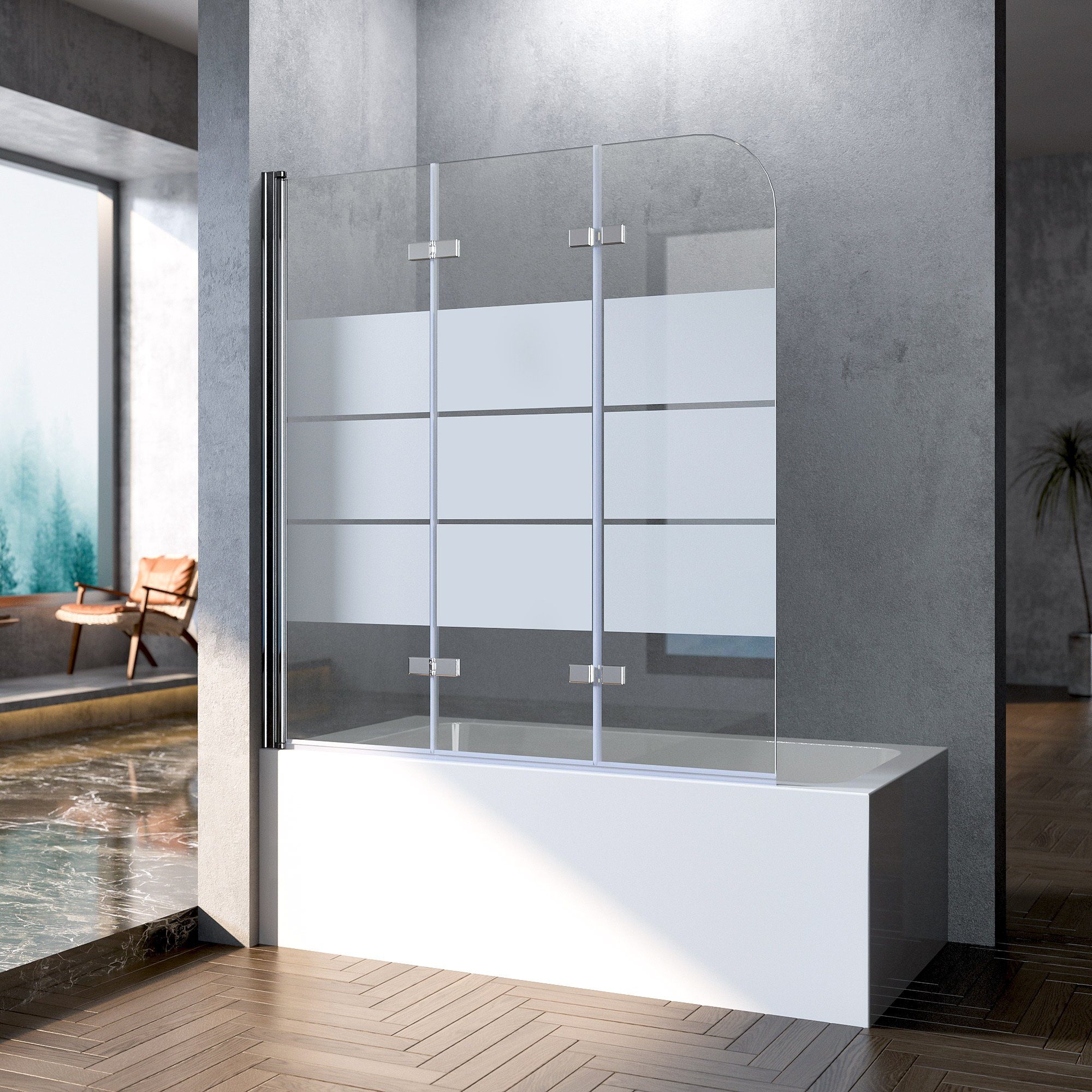 Boromal Badewannenaufsatz 140x140 130x140 120x140 3 teilig faltbar Duschwand für Badewanne Glas, 5mm Sicherheitsglas, Milchglas, verstellbar Alu Wandprofil, komplett faltbar, 180° schwenkbar, Rechts-und Links montierbar